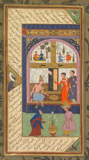 Zulaykha in her palace and as an old woman with Joseph, from a Panj Ganj (Five Treasures) of Abd al-Rahman Jami (Persian, 1414–1492); verso from a Panj Ganj of Abd al-Rahman Jami (Persian, 1414–1492), with two masnavis: Yusuf va Zulaykha (Joseph and Zulaykha) and Khirad-nama-i Iskandari (Alexander’s Book of Wisdom)