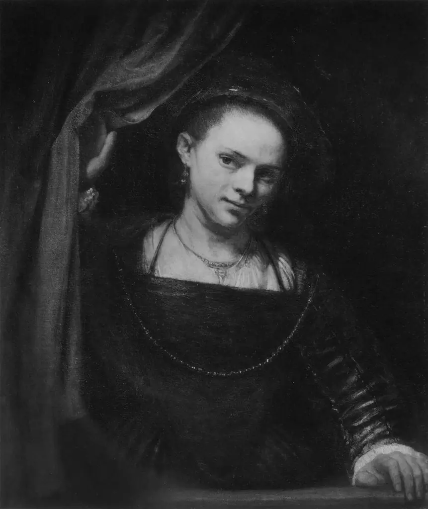 Girl at a Window holding a Curtain