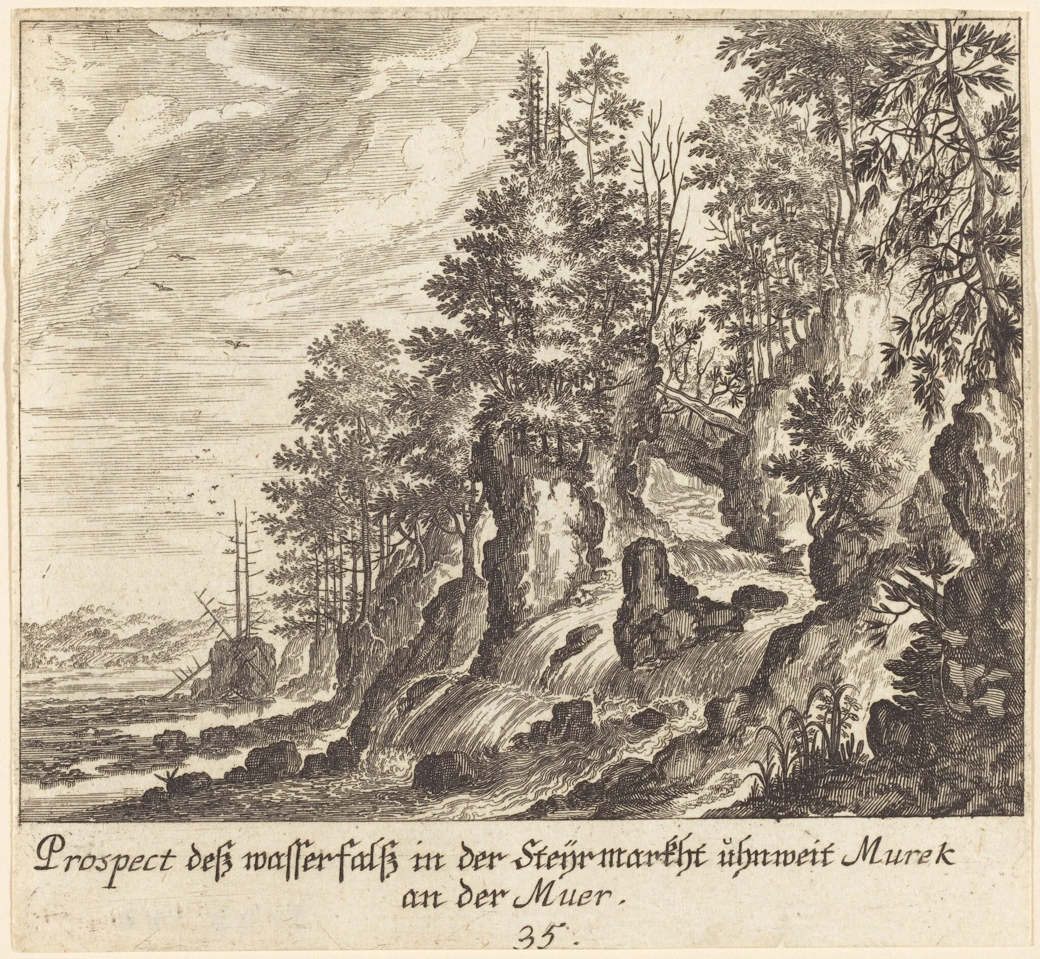 Waterfall, by Melchior Küsel, ink, 1681