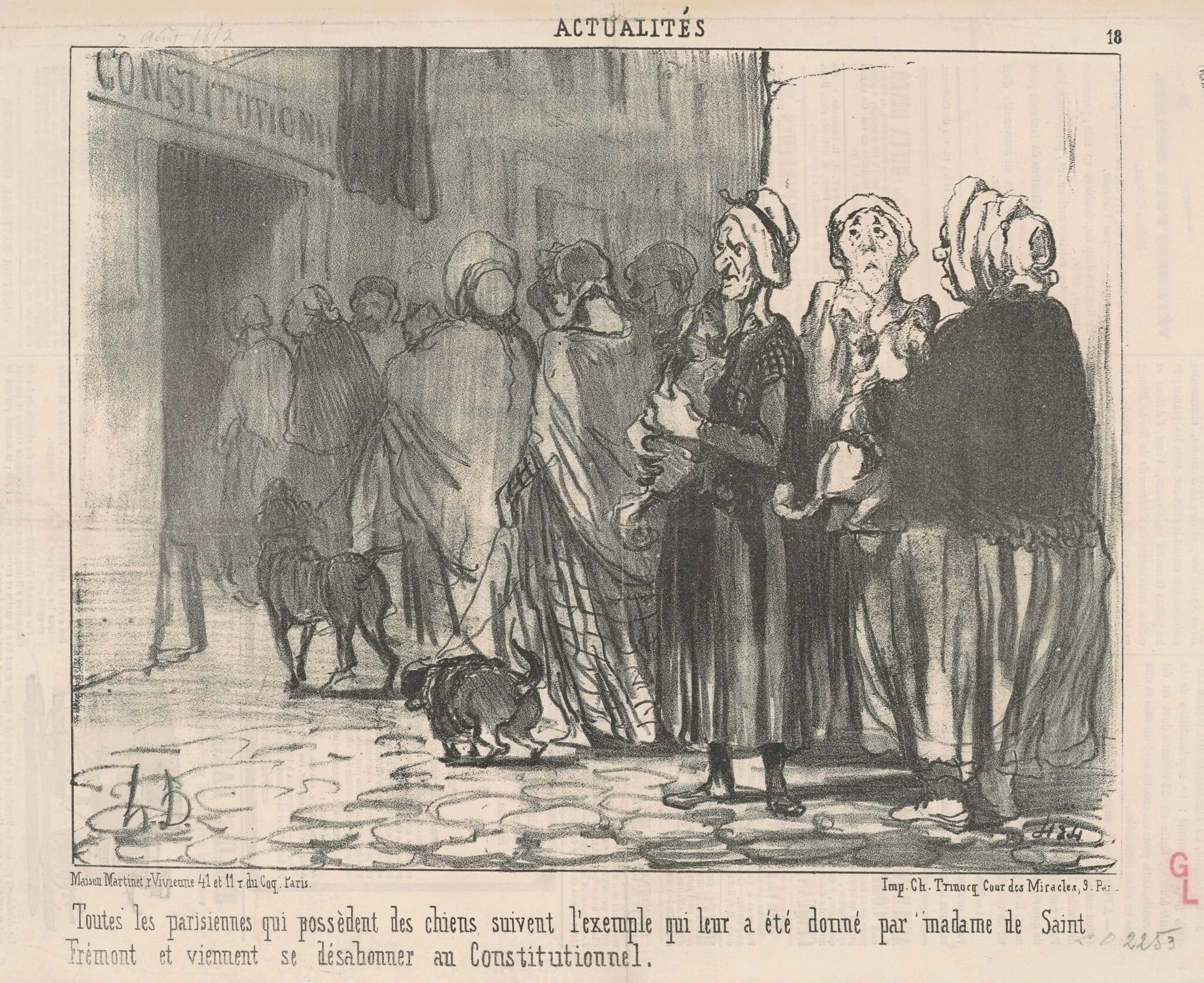 Toutes le Parisiennes qui possèdent des chiens ..., by Honoré Daumier, ink, 1852
