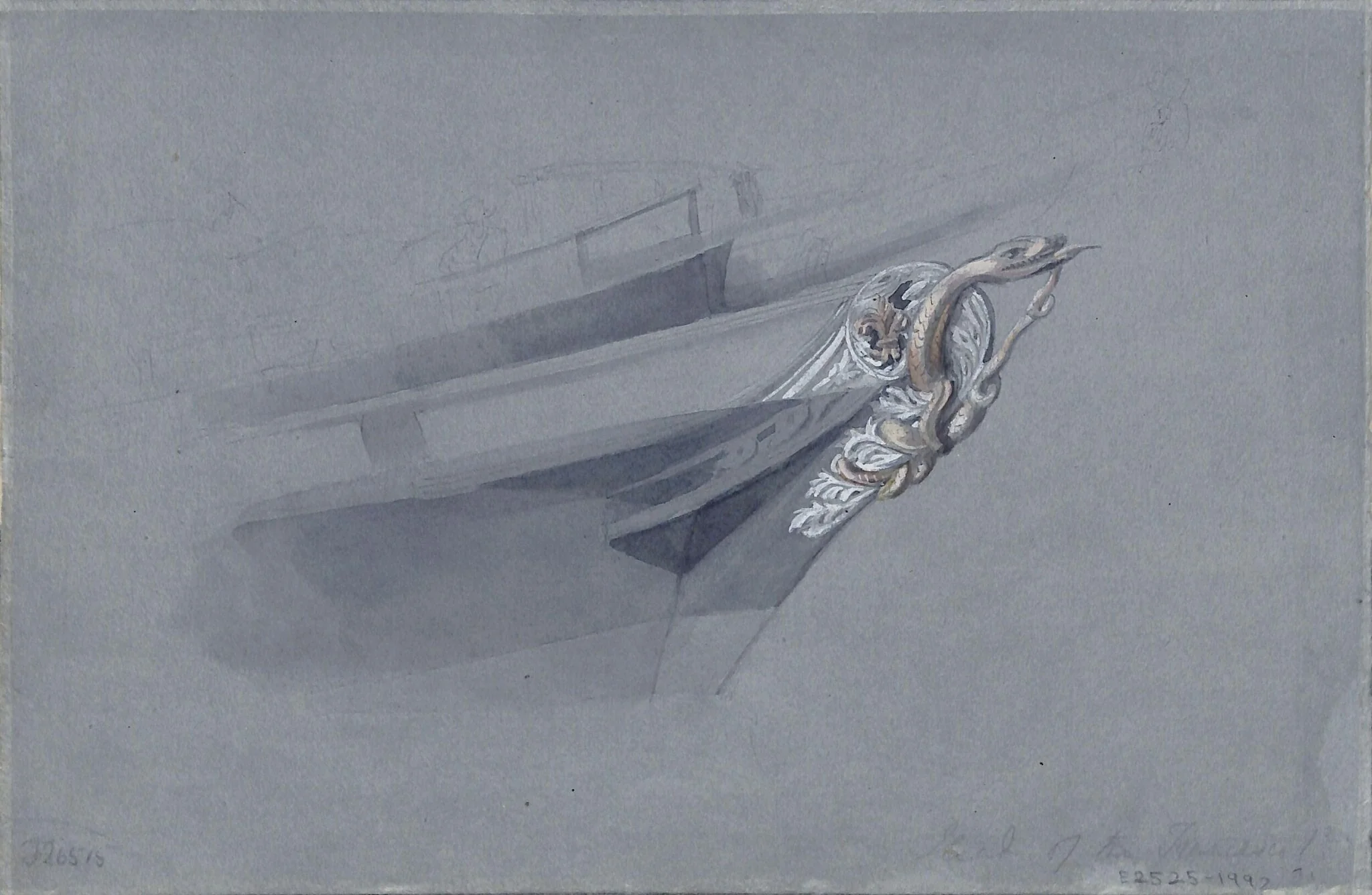 Watercolour of ship's figurehead: harbour scene on verso, by Calvert Richard Jones, 1850