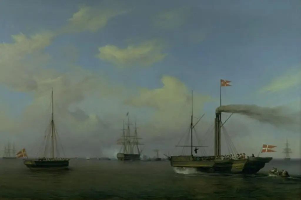 Den danske eskadre til ankers på Warnemünde rhed. Deres kongelige højheder kronprinsen og kronprinsessen ankommer på dampskibet "Kiel" til eskadren, og orlogsskibet "Christian den Ottende" begynder at salutere
