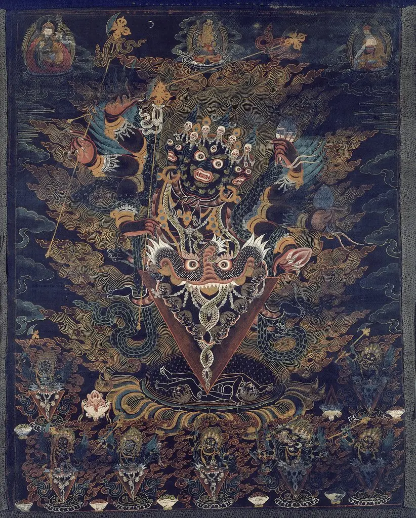 Painted Banner (Thangka) with Guru Dragpur or Vajrakila, a Wrathful Form of Guru Padmasambhava