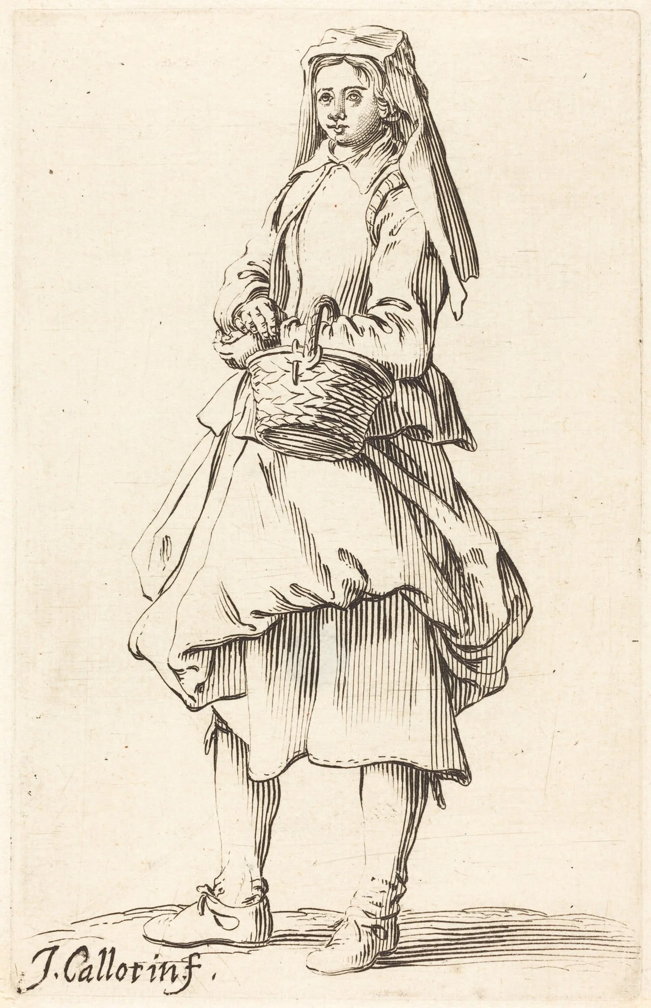 Peasant Woman with Basket, Facing Left, by Israel Henriet, ink, 1626