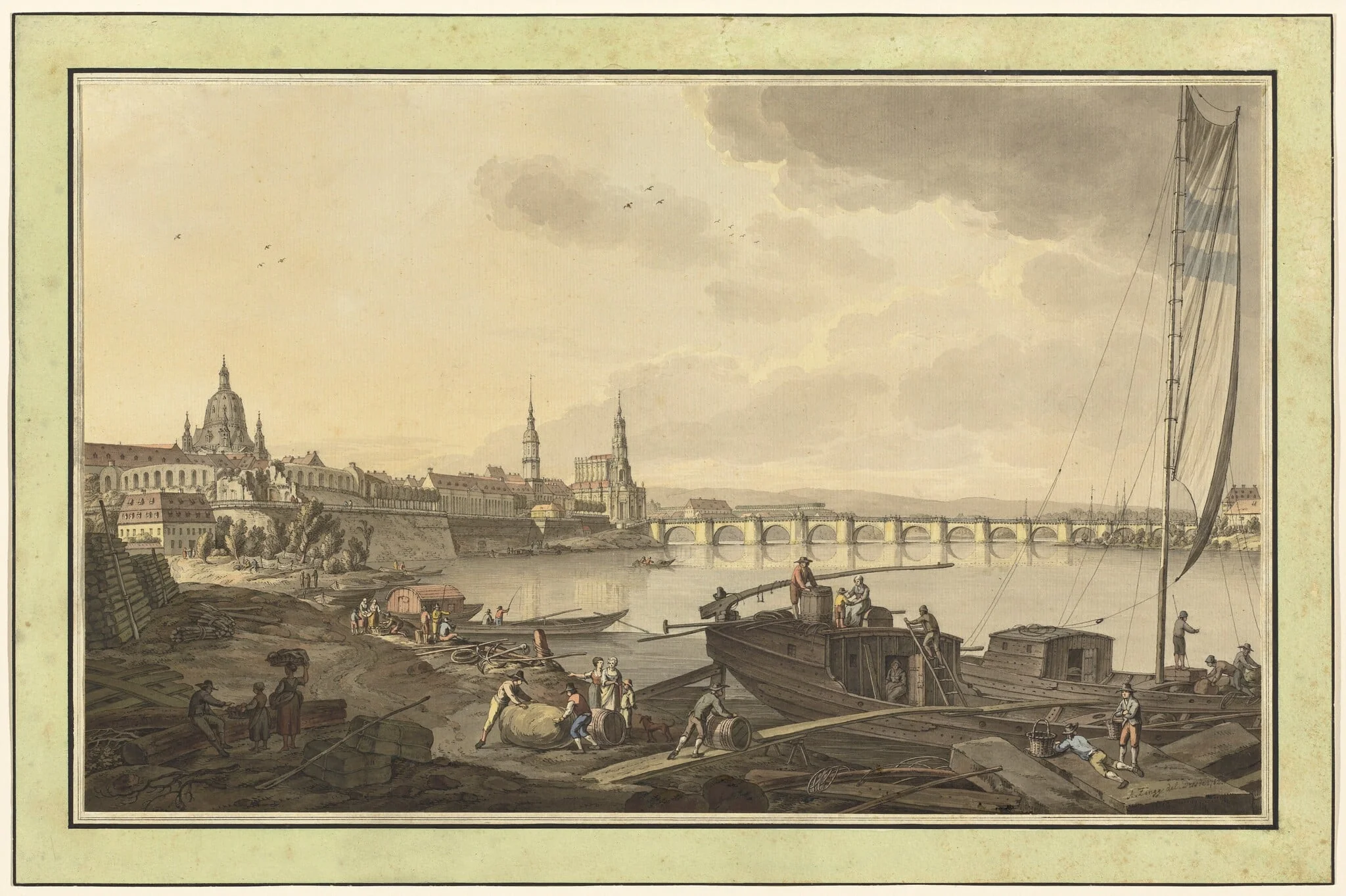 Dresden from the Banks of the Elbe River, by Adrian Zingg, ink, 1782