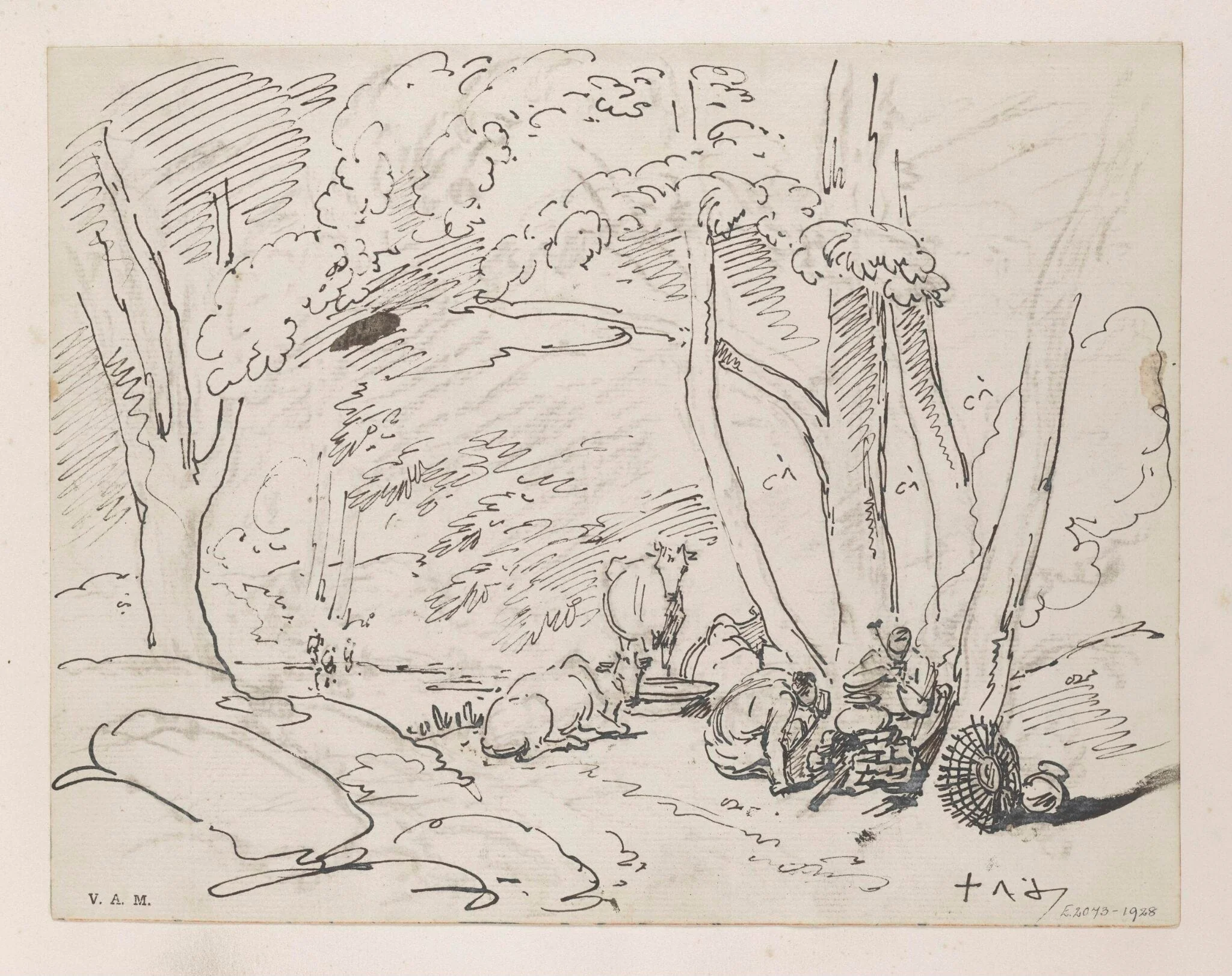 A wooded landscape with Indian figures and cattle