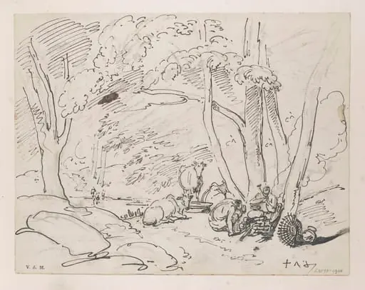 A wooded landscape with Indian figures and cattle