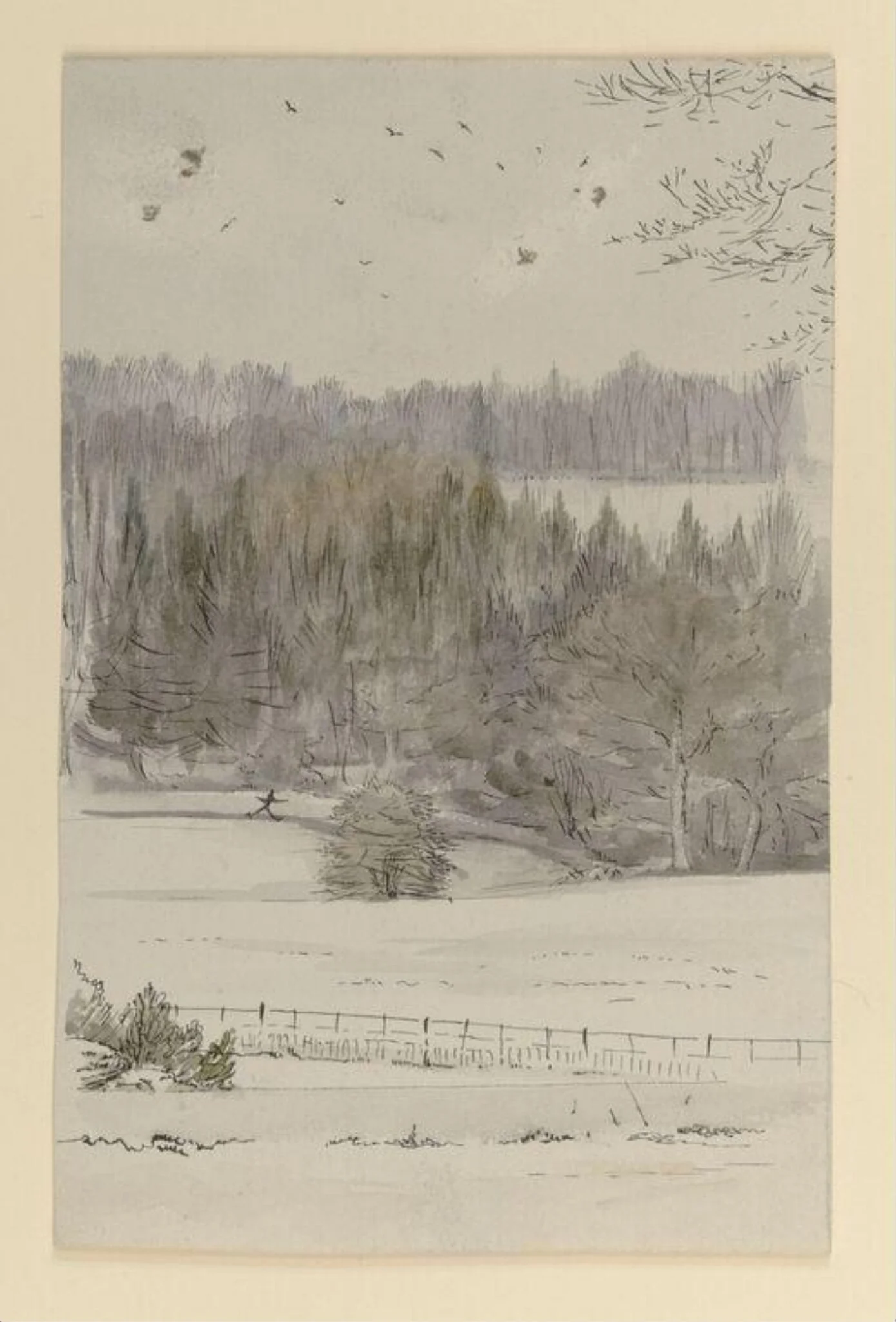 Snow scene looking across a tarn to fields and a wooded hillside, by Beatrix Potter, watercolor, 1850