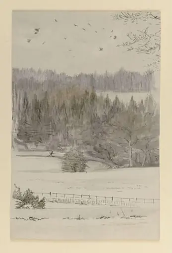 Snow scene looking across a tarn to fields and a wooded hillside
