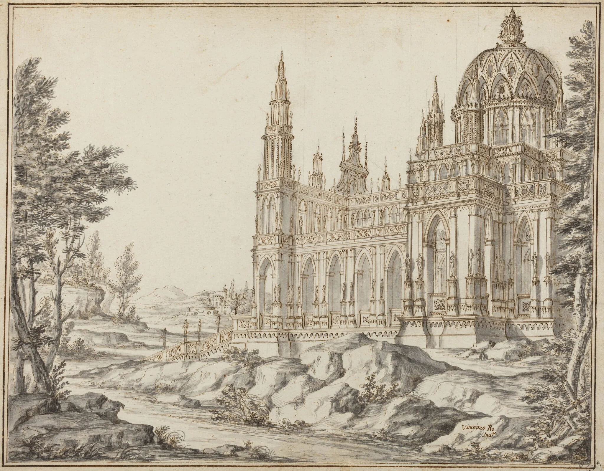 Cathedral in a Landscape, by Vincenzo dal Re, ink, 1722