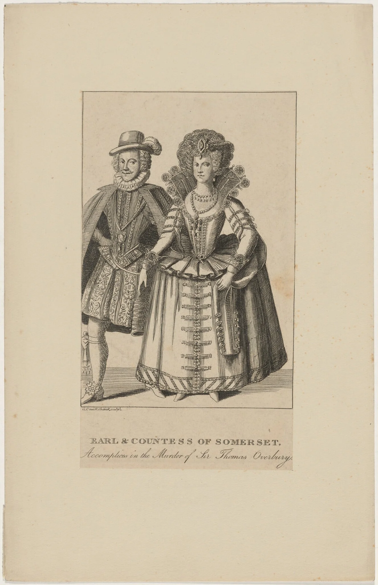 Earl and Countess of Somerset, Accomplices inthe Murder of Sir Thomas Overbury, by George Cruikshank, ink, 1835