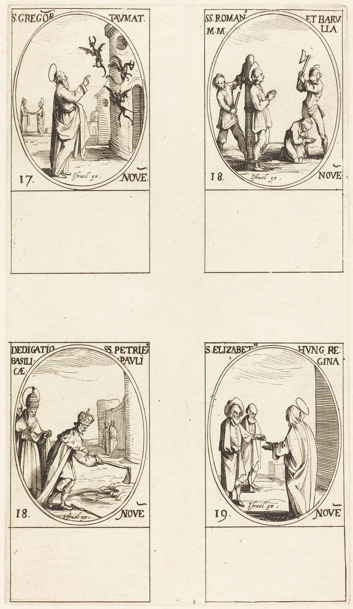 St. Gregory; Sts. Romanus & Barulla; Dedication of the Basilicas of Sts. Peter & Paul; St. Elizabeth, by Jacques Callot, ink, 1634