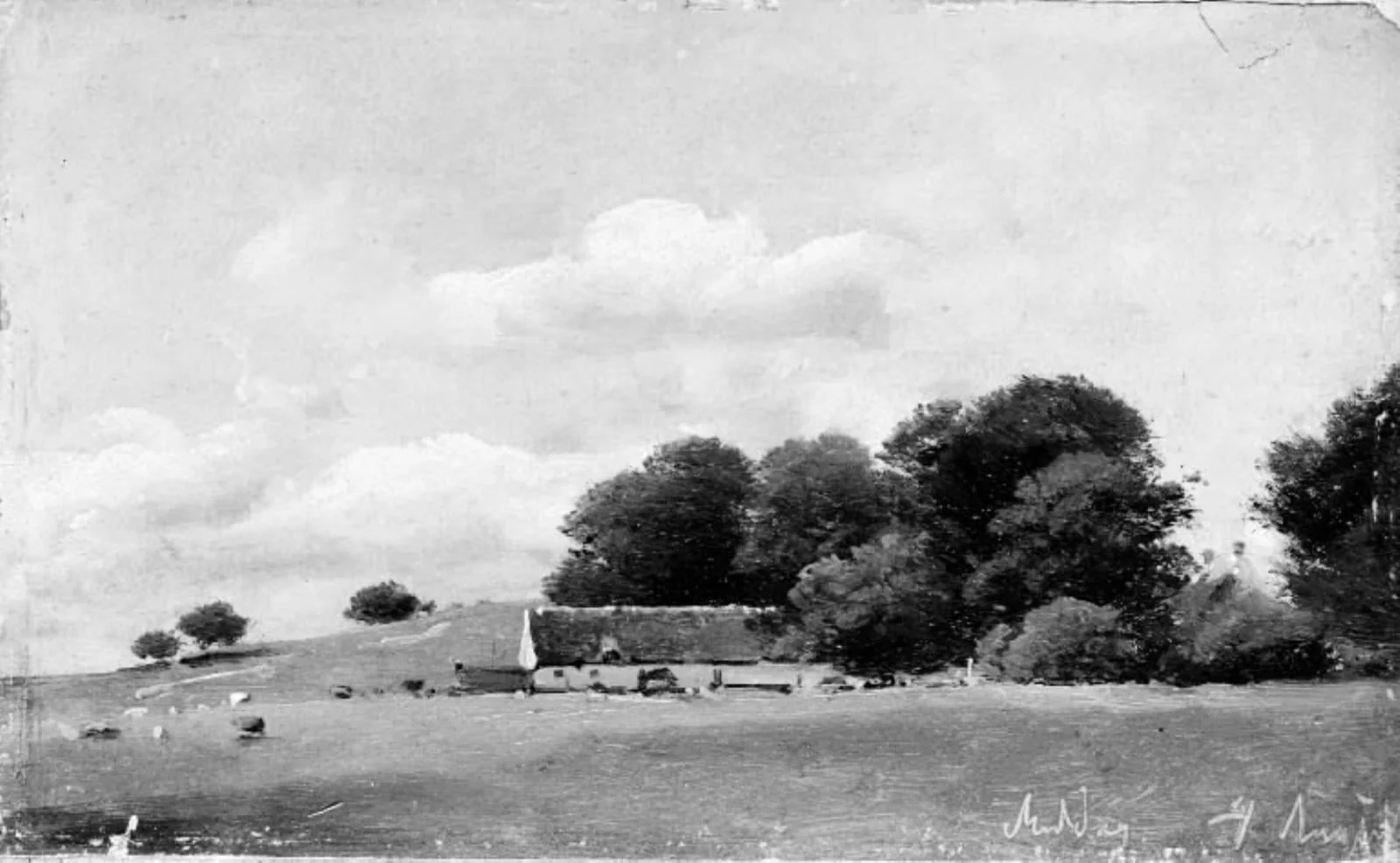 Study of Landscape with a Thatched Building in front of Tall Trees, by Unknown, unspecified, 1850