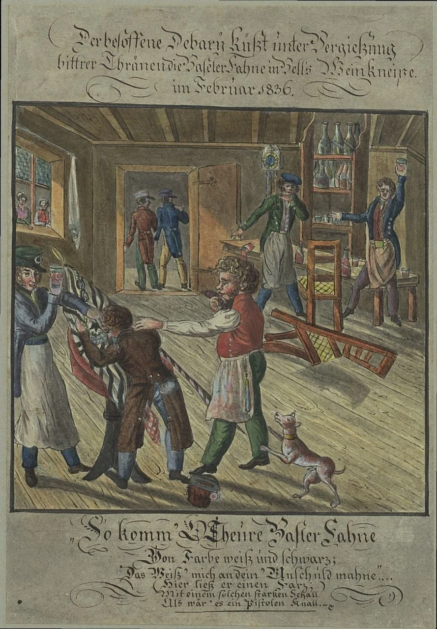 Toussaint, Peter - Malerei, Der besoffene Debary küsst unter Vergiessung bittrer Thränen die Baseler Fahne in Bells Weinkneipe im Februar 1836., by Peter Toussaint, 1836