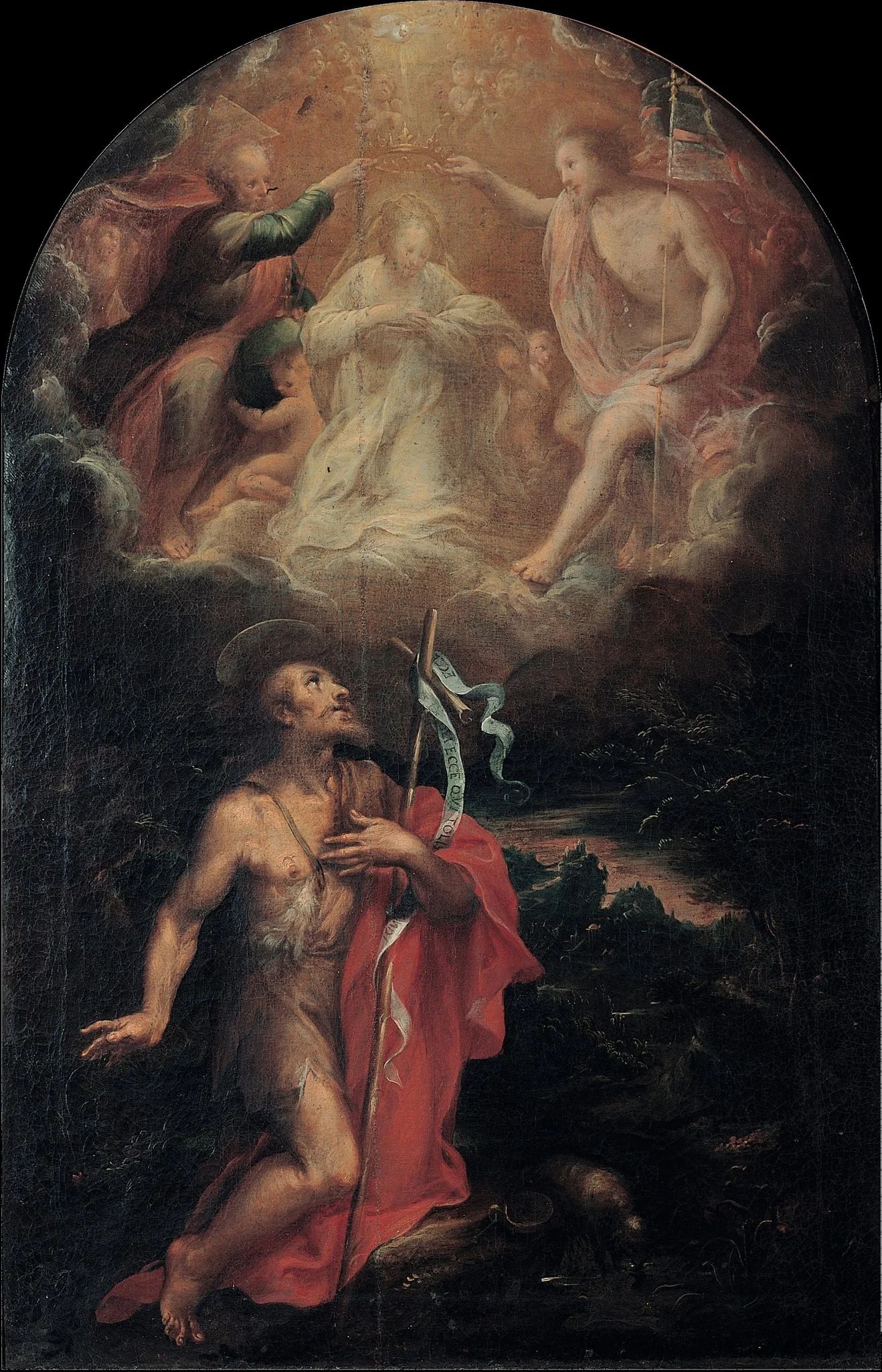 Coronation of the Virgin with Saint John the baptist, by Unknown, oil, 1650