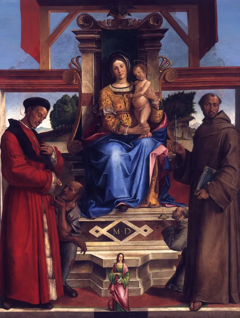 The Virgin and Child Enthroned and St. Homobonus, Francis of Assisi, Catherine of Alexandria and the Donor Bernadino da Feltre (Death 1494)