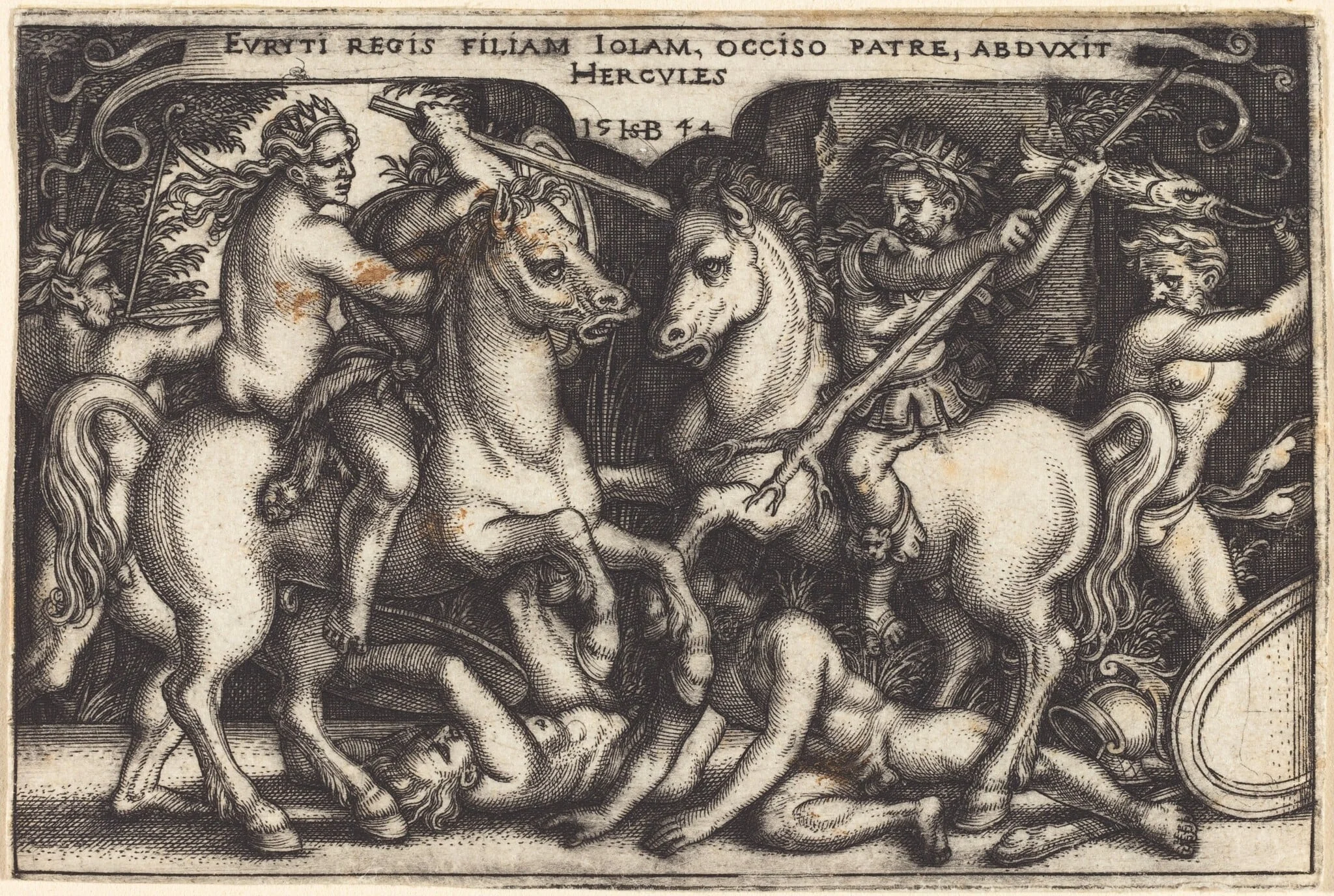 Hercules Abducting Iole, by Sebald Beham, ink, 1544
