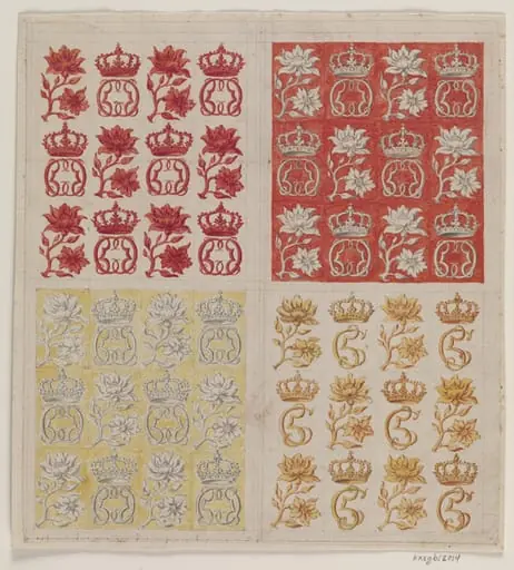 4 stofmønstre med Christian V's monogram, i varierende farver