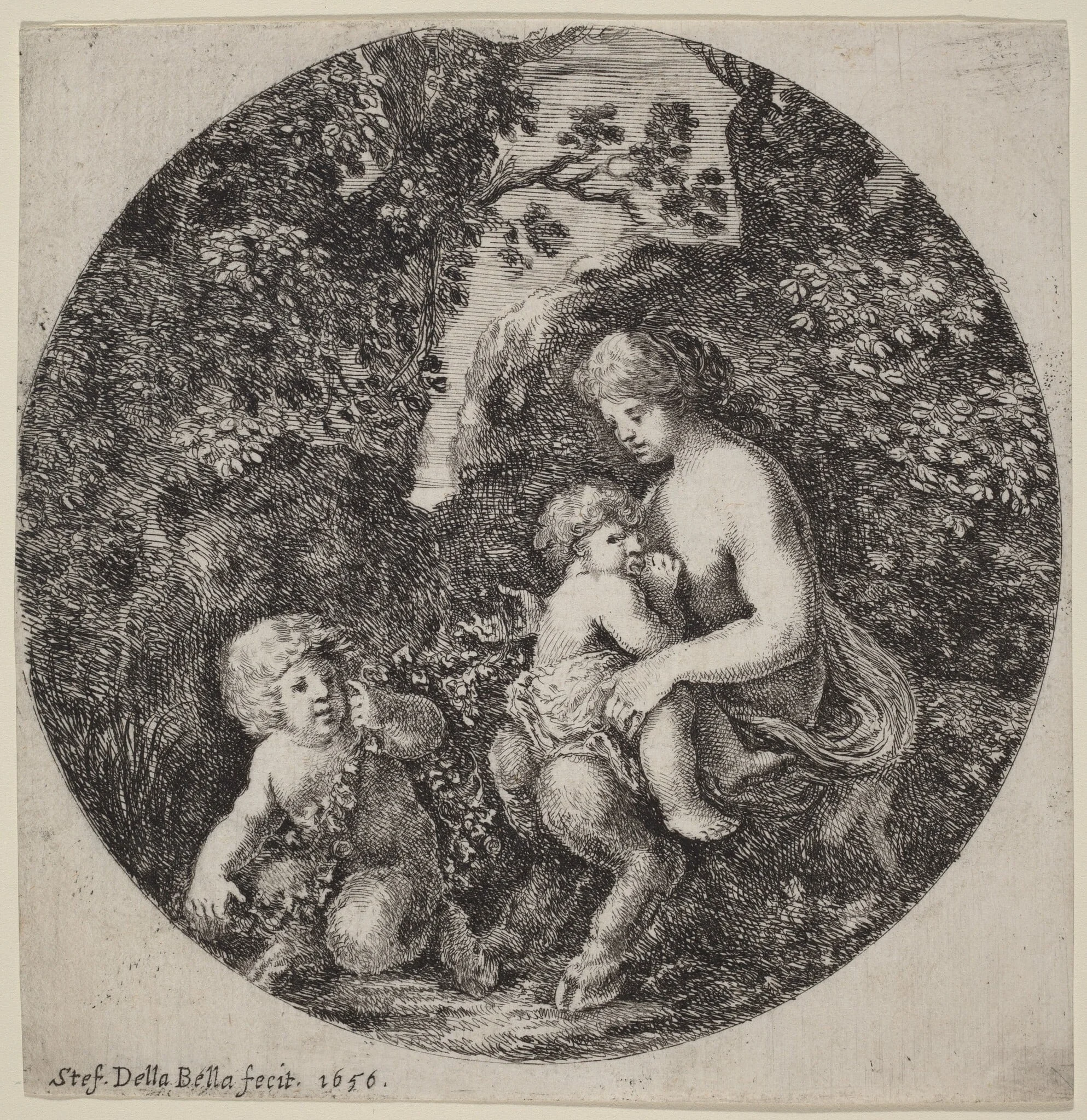 Female Satyr Nursing a Child in a Wooded Landscape, by Stefano Della Bella, ink, 1656