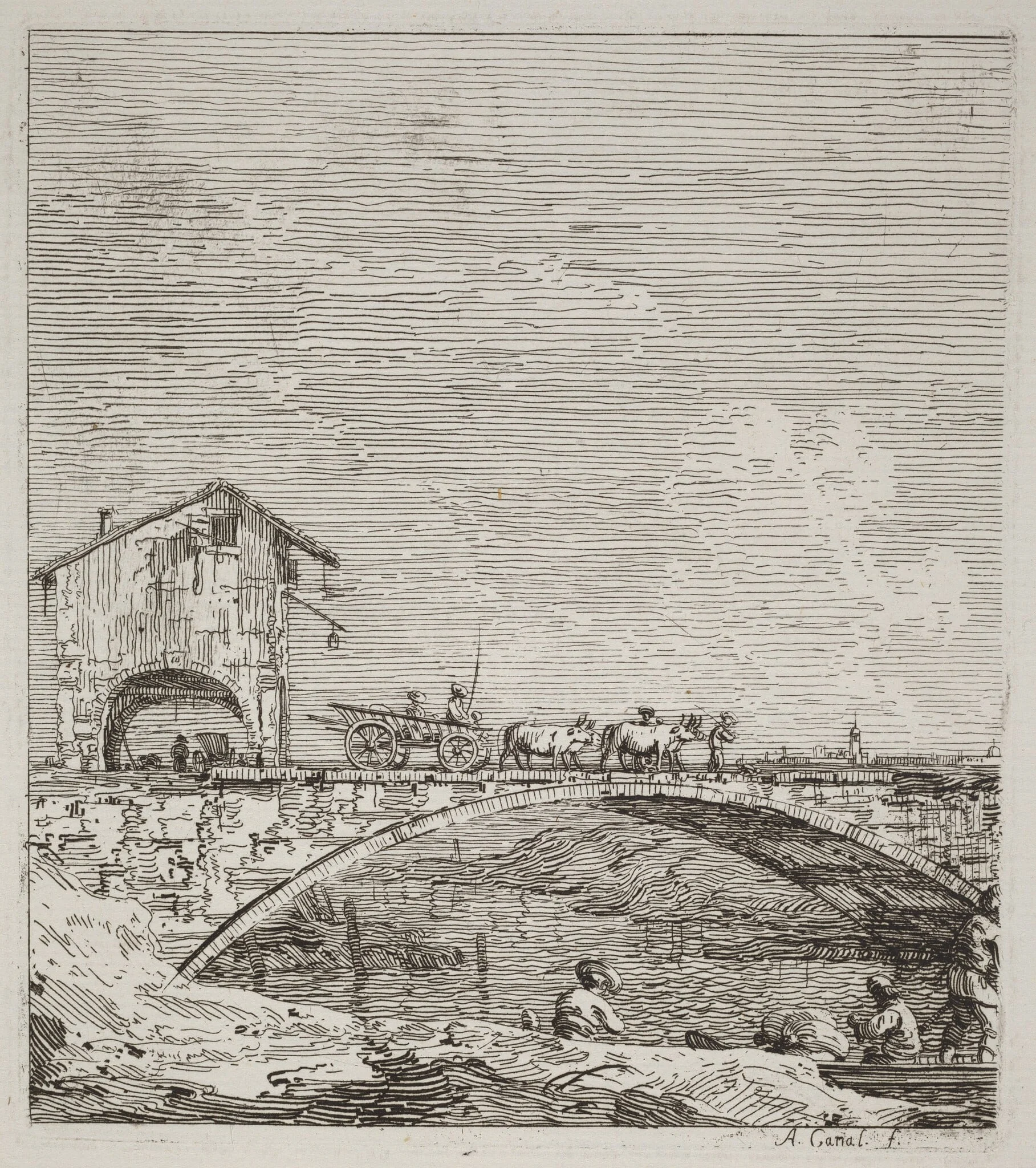 The Wagon Passing over a Bridge, by Canaletto, ink, 1740