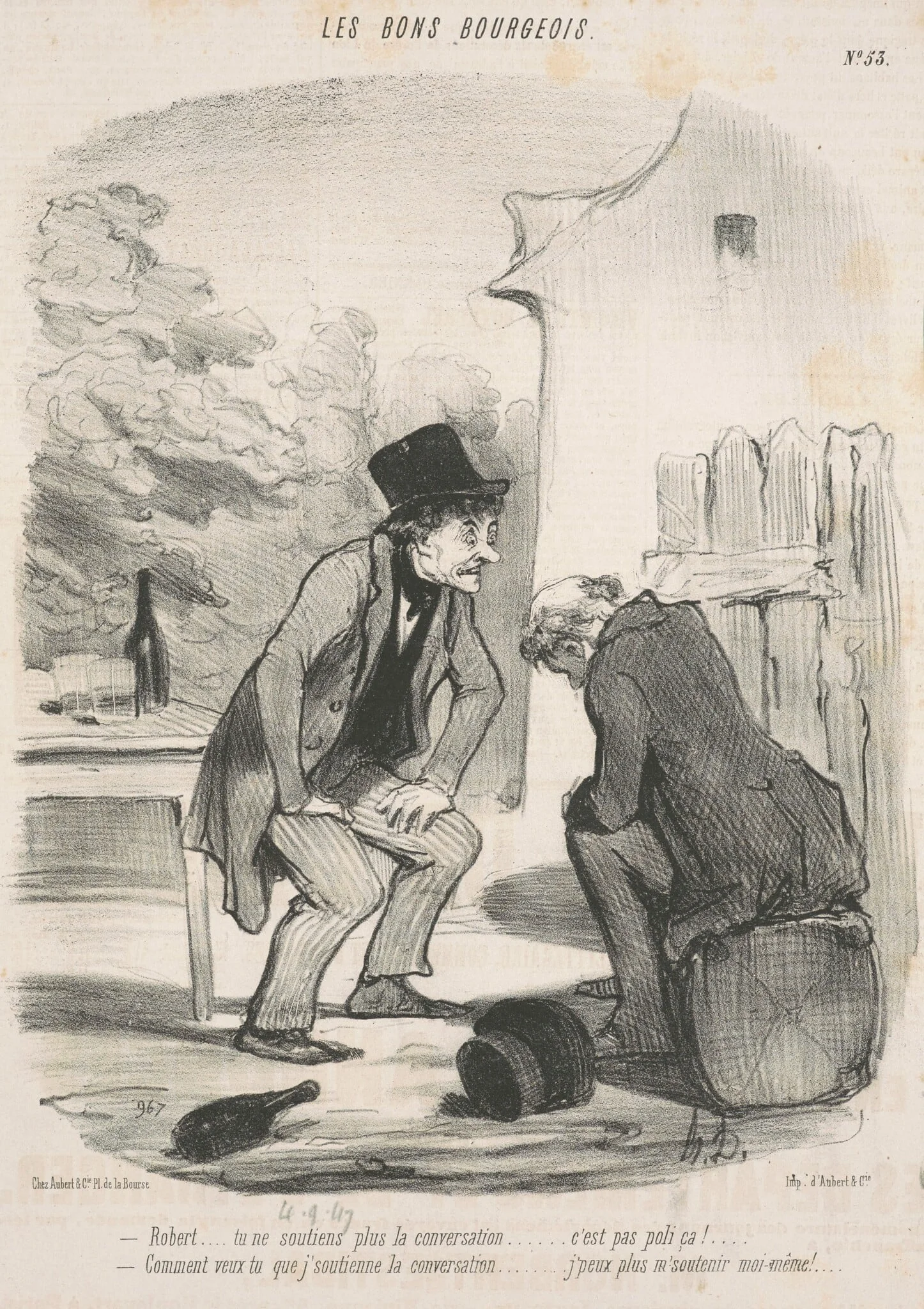 Robert ... tu ne soutiens plus la conversation ..., by Honoré Daumier, ink, 1847