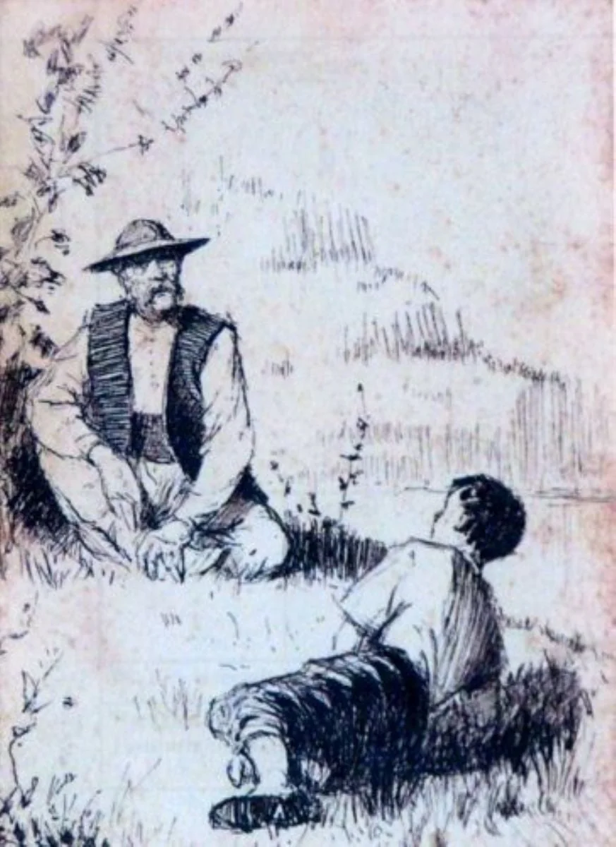 Ilustrație la romanul „Nada florilor” de M. Sadoveanu, by Dimitrie Sadoveanu, 1949