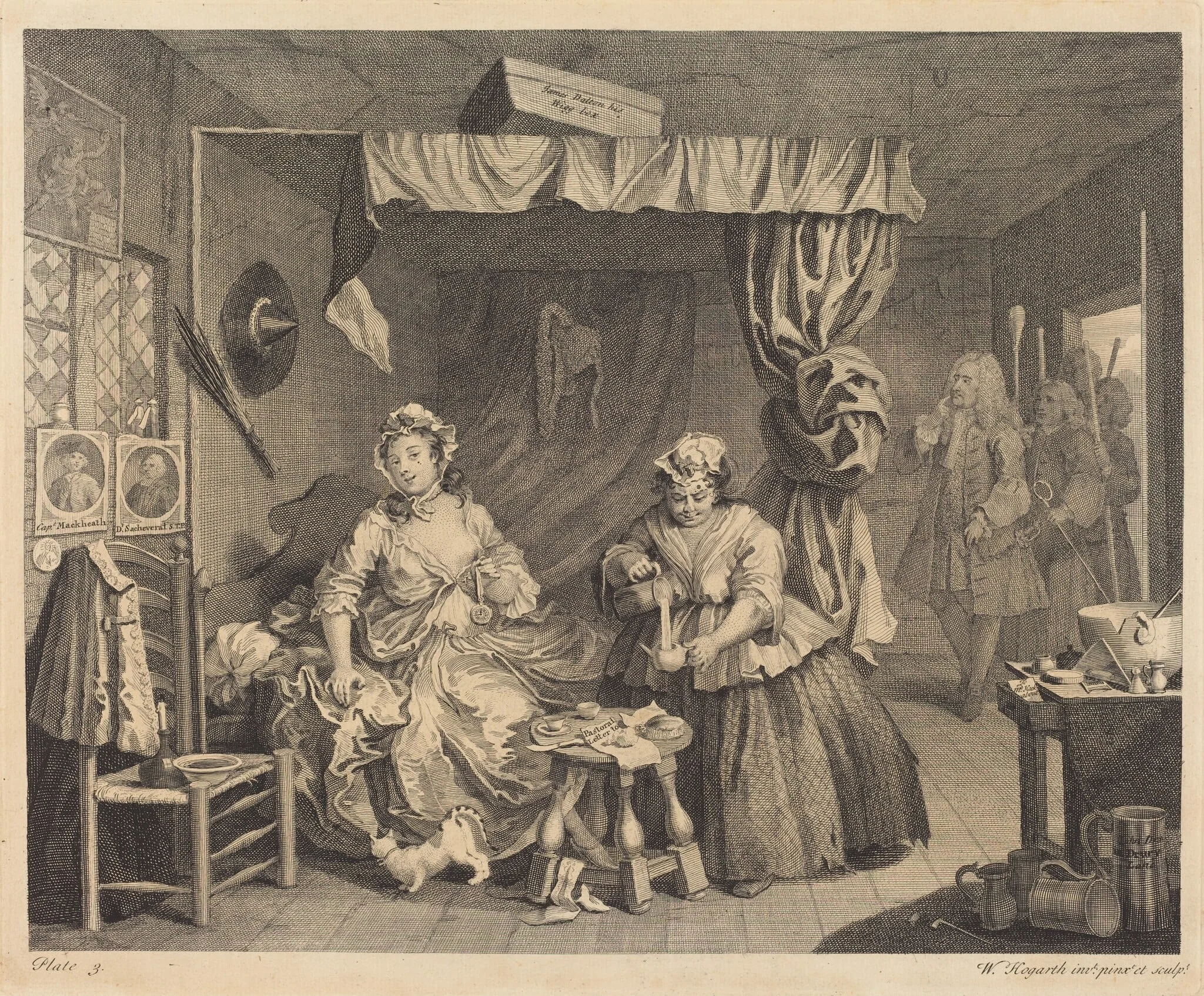 A Harlot's Progress: pl.3, by William Hogarth, ink, 1732