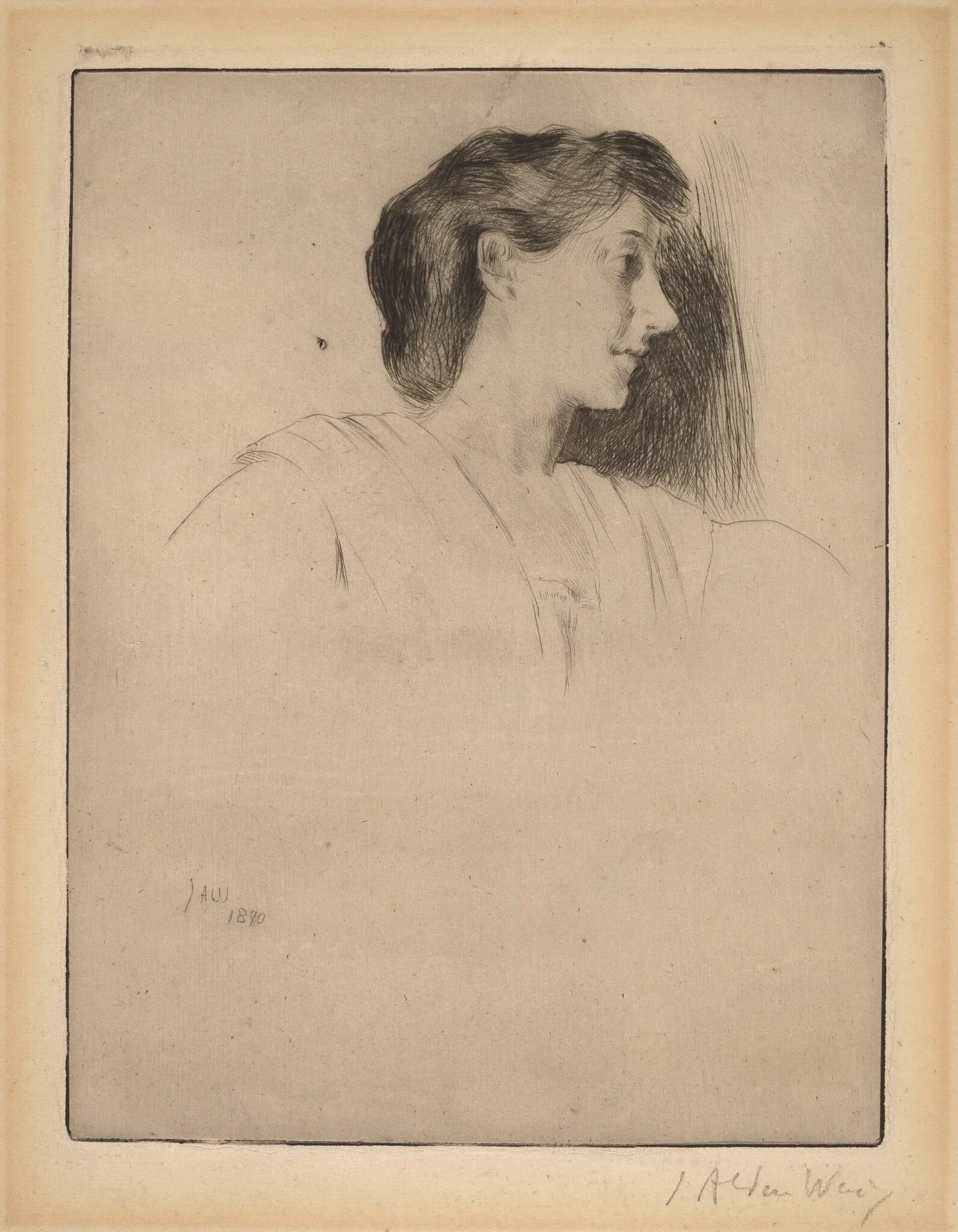 Profile Head of a Woman, by Julian Alden Weir, ink, 1890