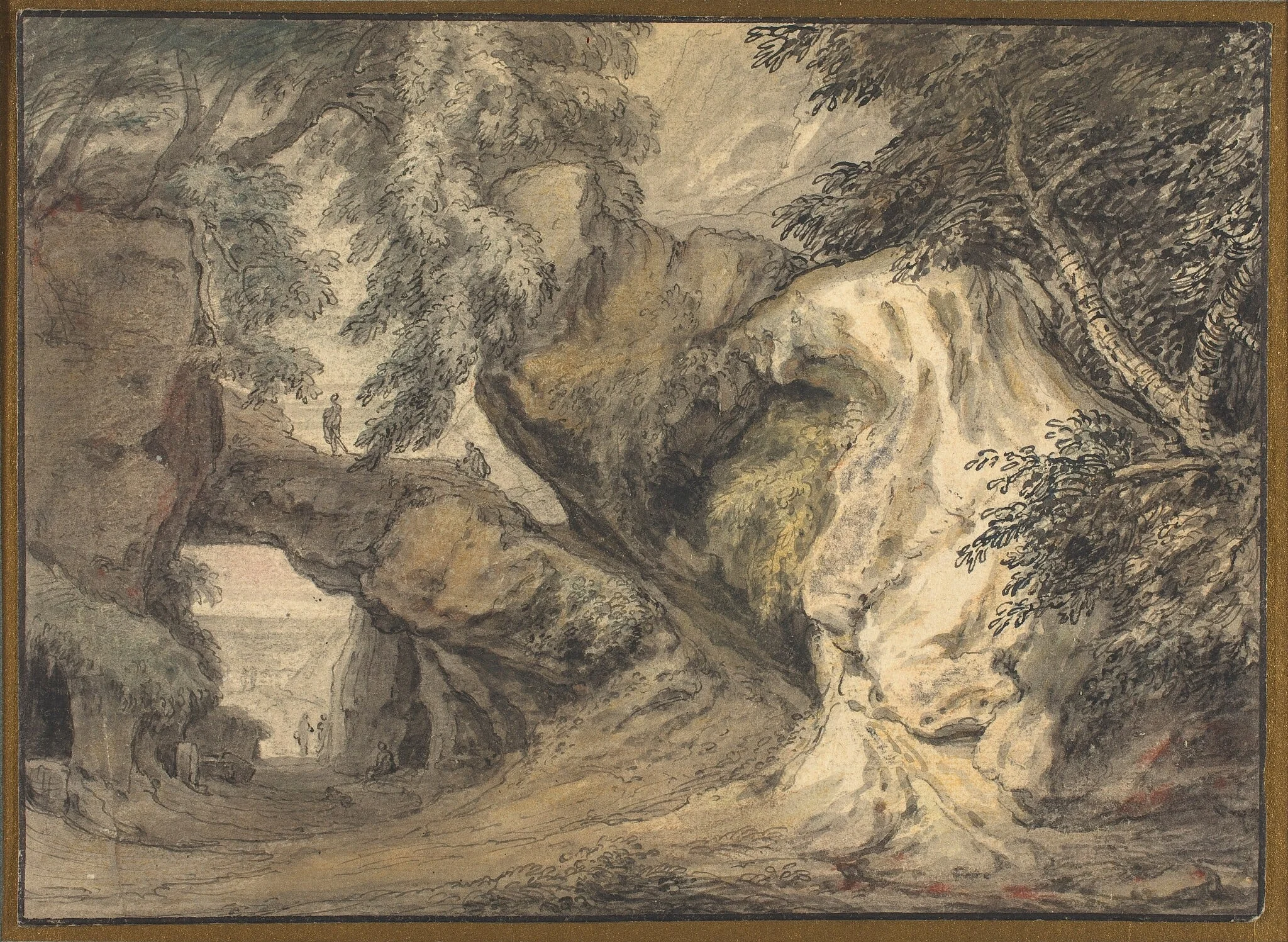 Landscape with a Natural Arch, by Abraham Genoels II, ink, 1718