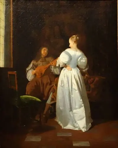 Man playing the cithern and a young woman in an interior