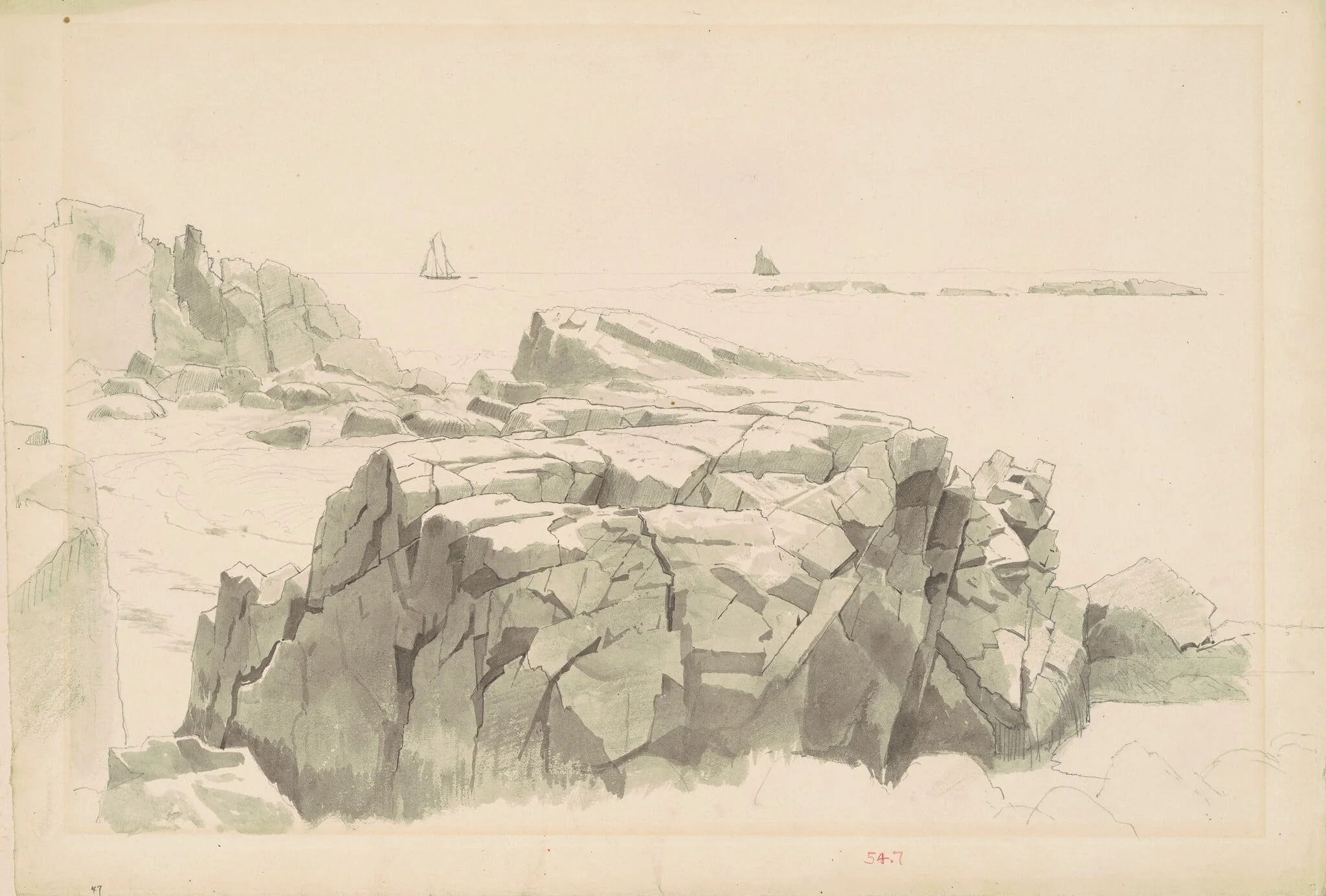 Shag Rocks, Nahant, Massachusetts, by William Stanley Haseltine, graphite, 1862