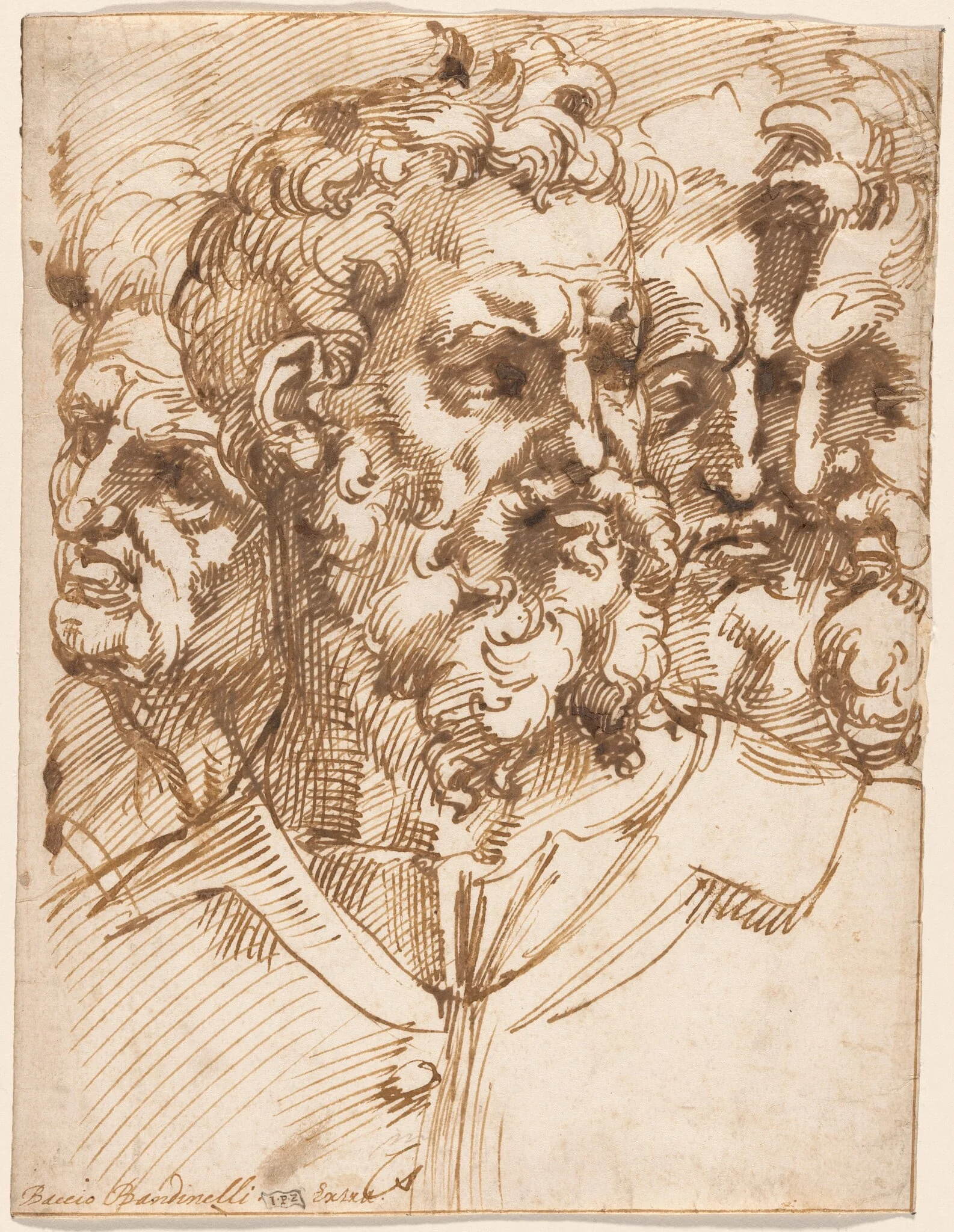 Four Male Heads, by Baccio Bandinelli, ink, 1534