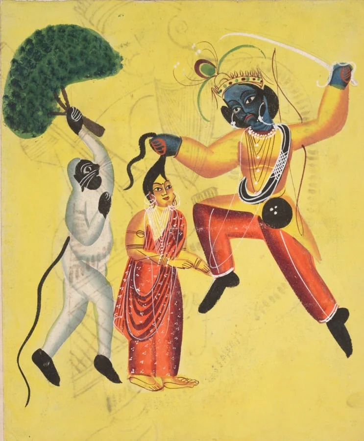 Hanuman attacks Indrajit holding an apparition of Sita by the hair, by Unknown, unspecified, 1890