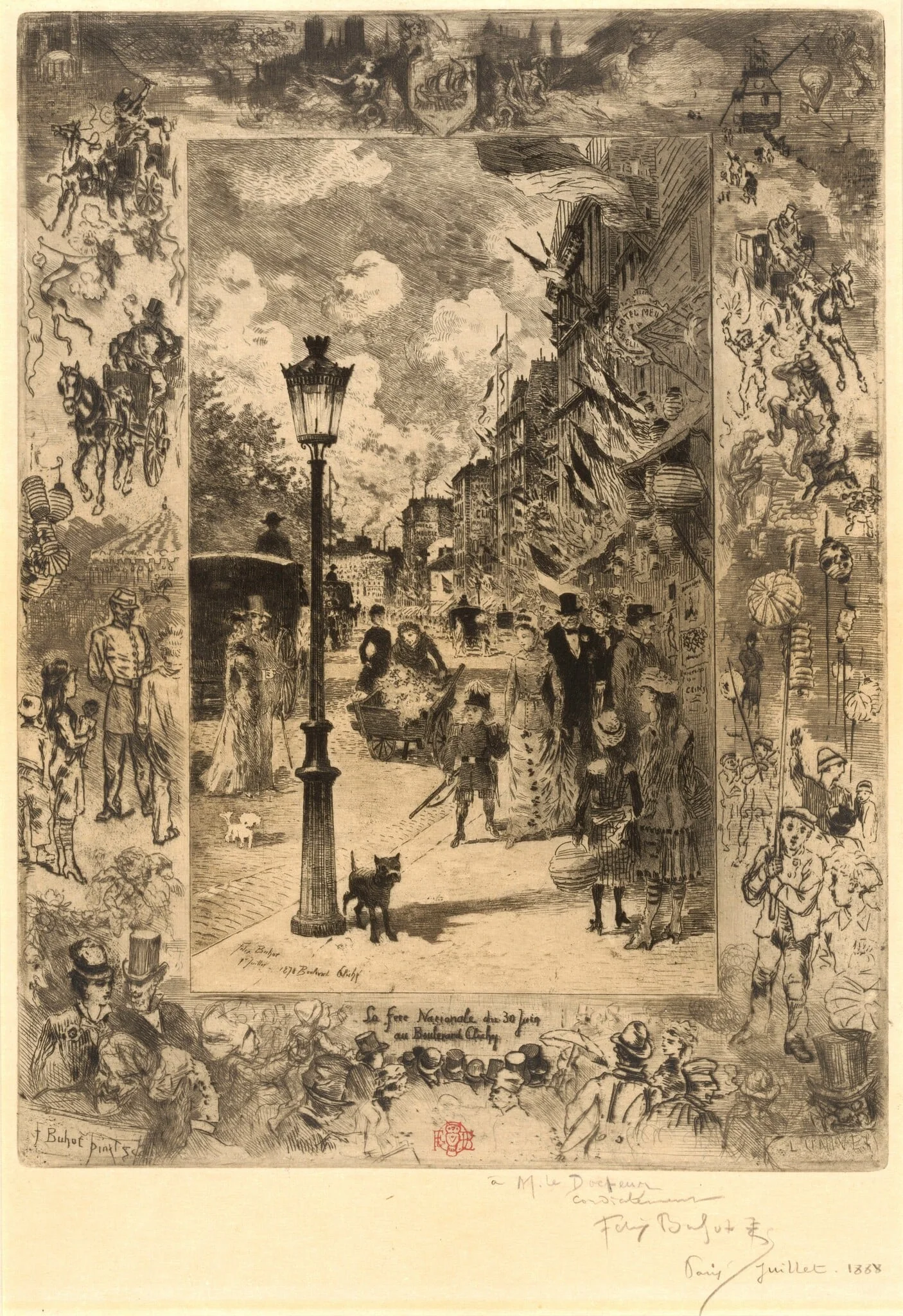 La Fête nationale au Boulevard Clichy (National Holiday on the Boulevard de Clichy), by Félix-Hilaire Buhot, ink, 1878
