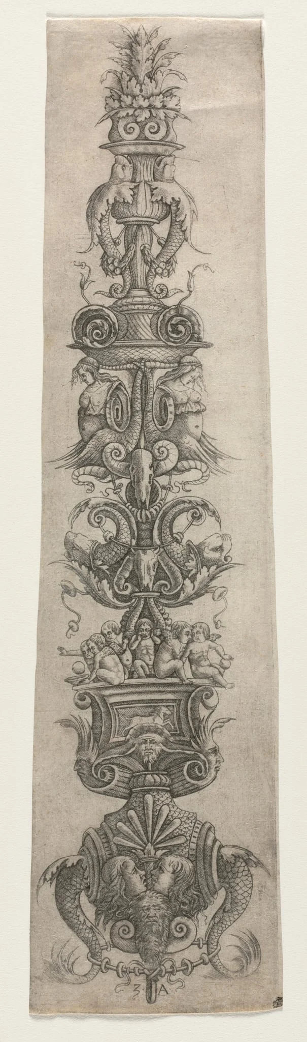 Upright Arabesque with Masks, Cupids and Nereids, by Giovanni Antonio da Brescia, 1490