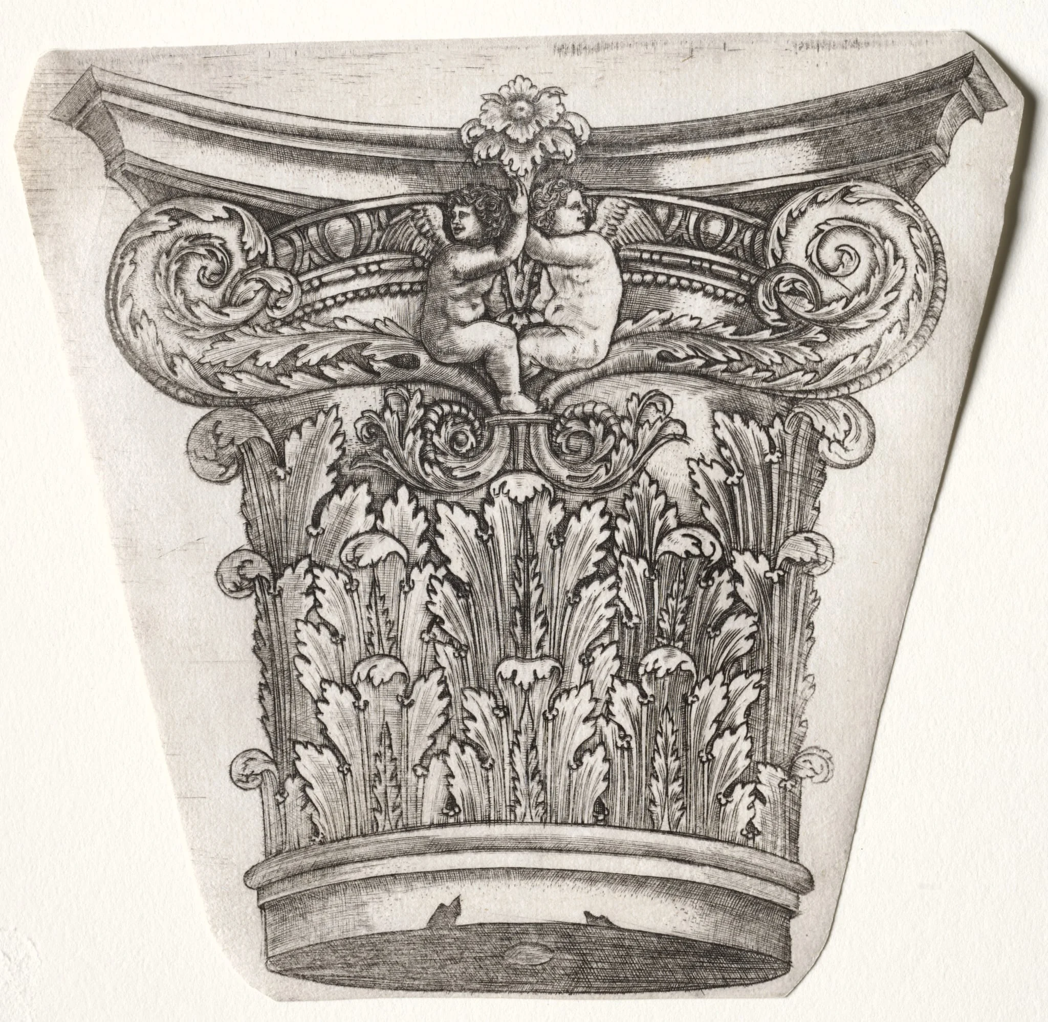 Base and Capital with Putti, by Master G. A. with the man-trap, 1538