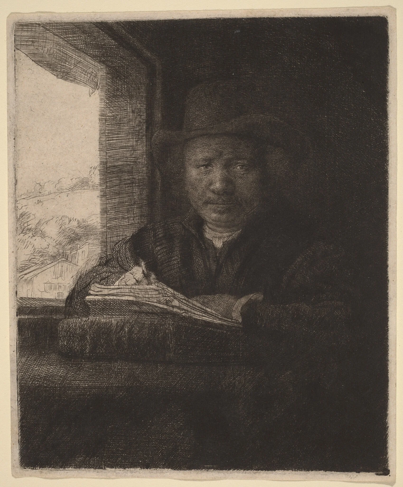 Self-Portrait Etching at a Window, by Rembrandt, ink, 1648