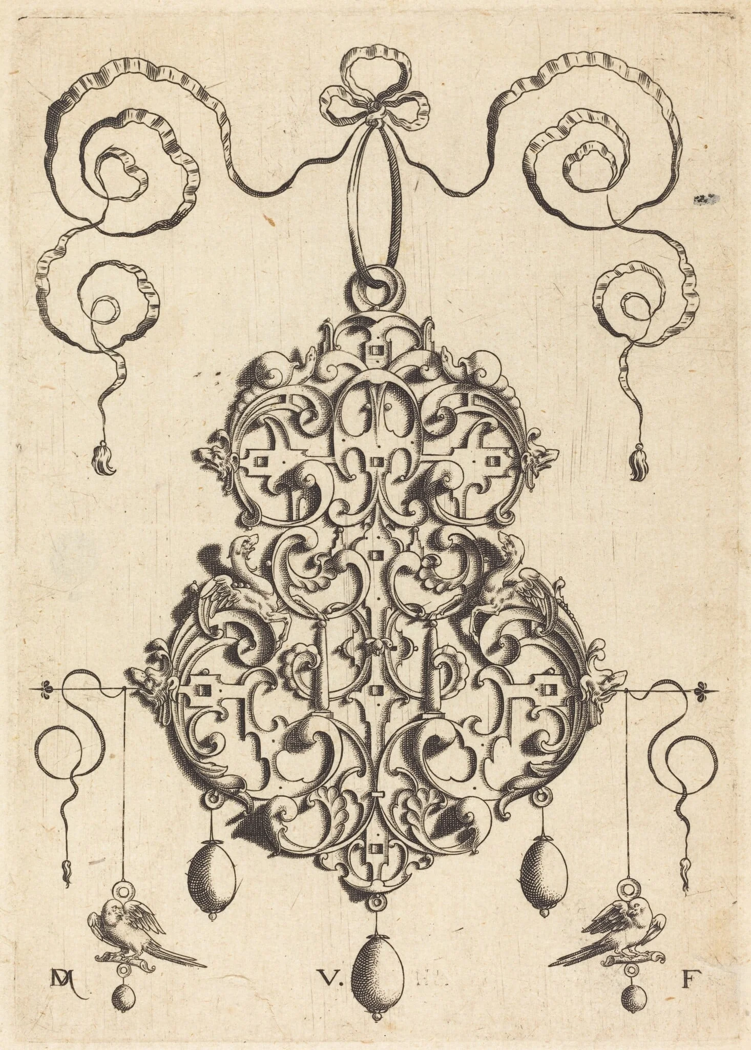 Strapwork Pendant with Two Birds as Earrings at Left and Right