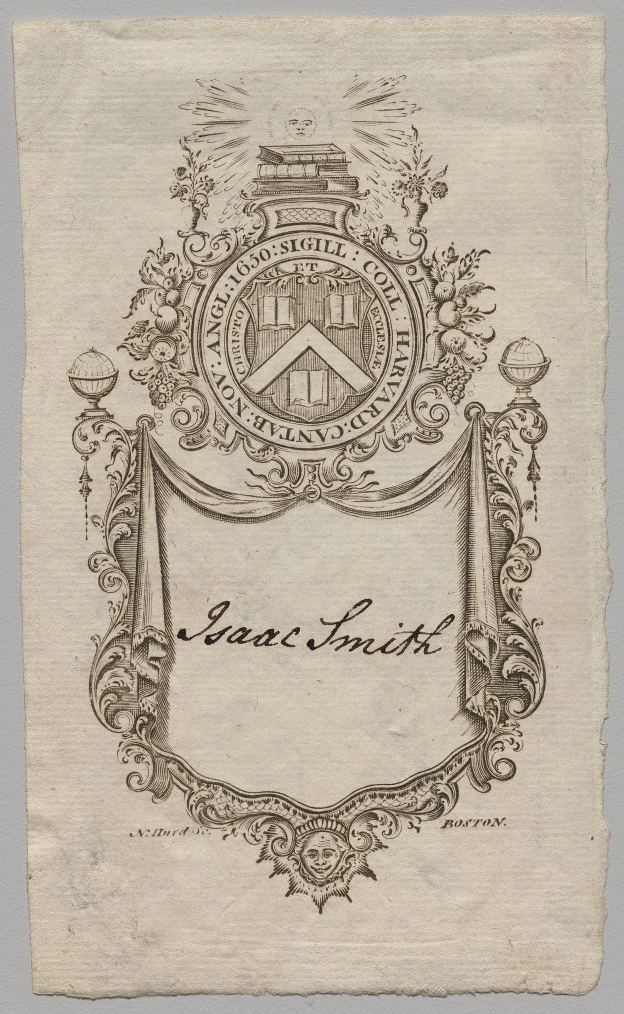 Bookplate:  Coat of Arms with Isaac Smith inscribed, by Nathaniel Hurd, 1764