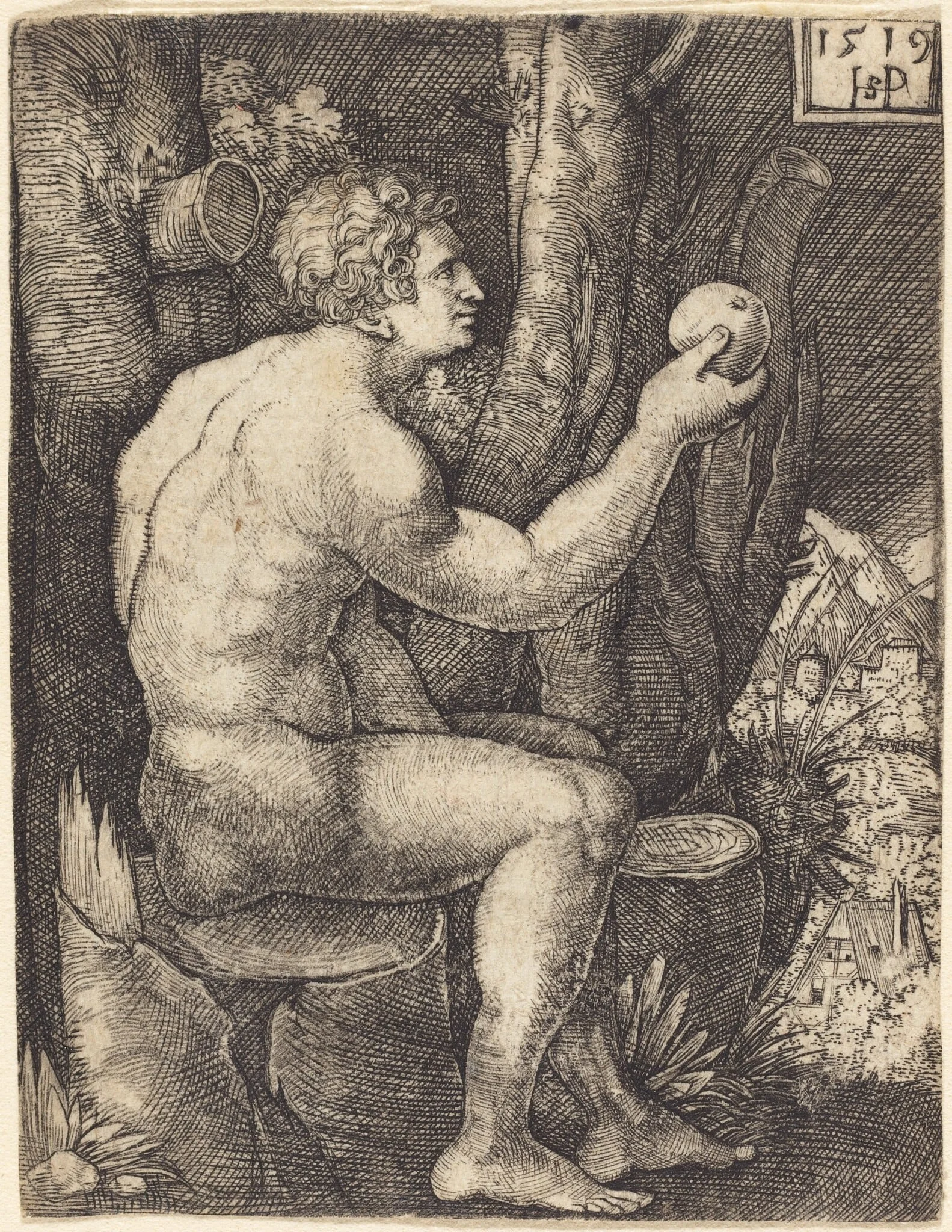 Adam Seated, by Sebald Beham, ink, 1519