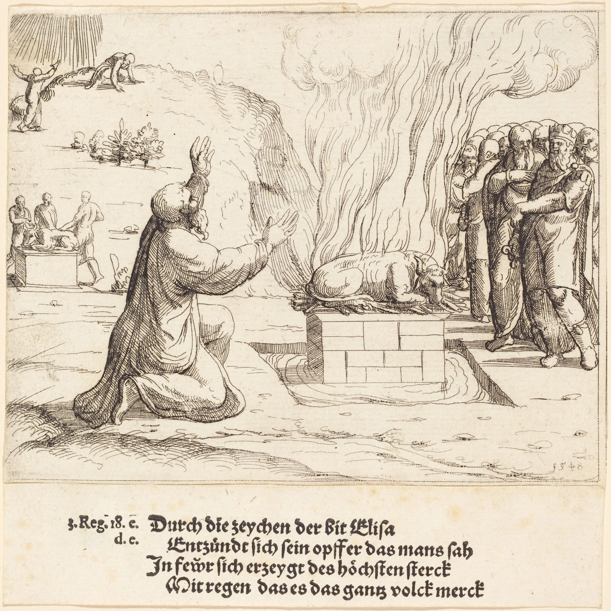 The Rival Sacrifices of Elijah and the Priests of Baal, by Augustin Hirschvogel, ink, 1548