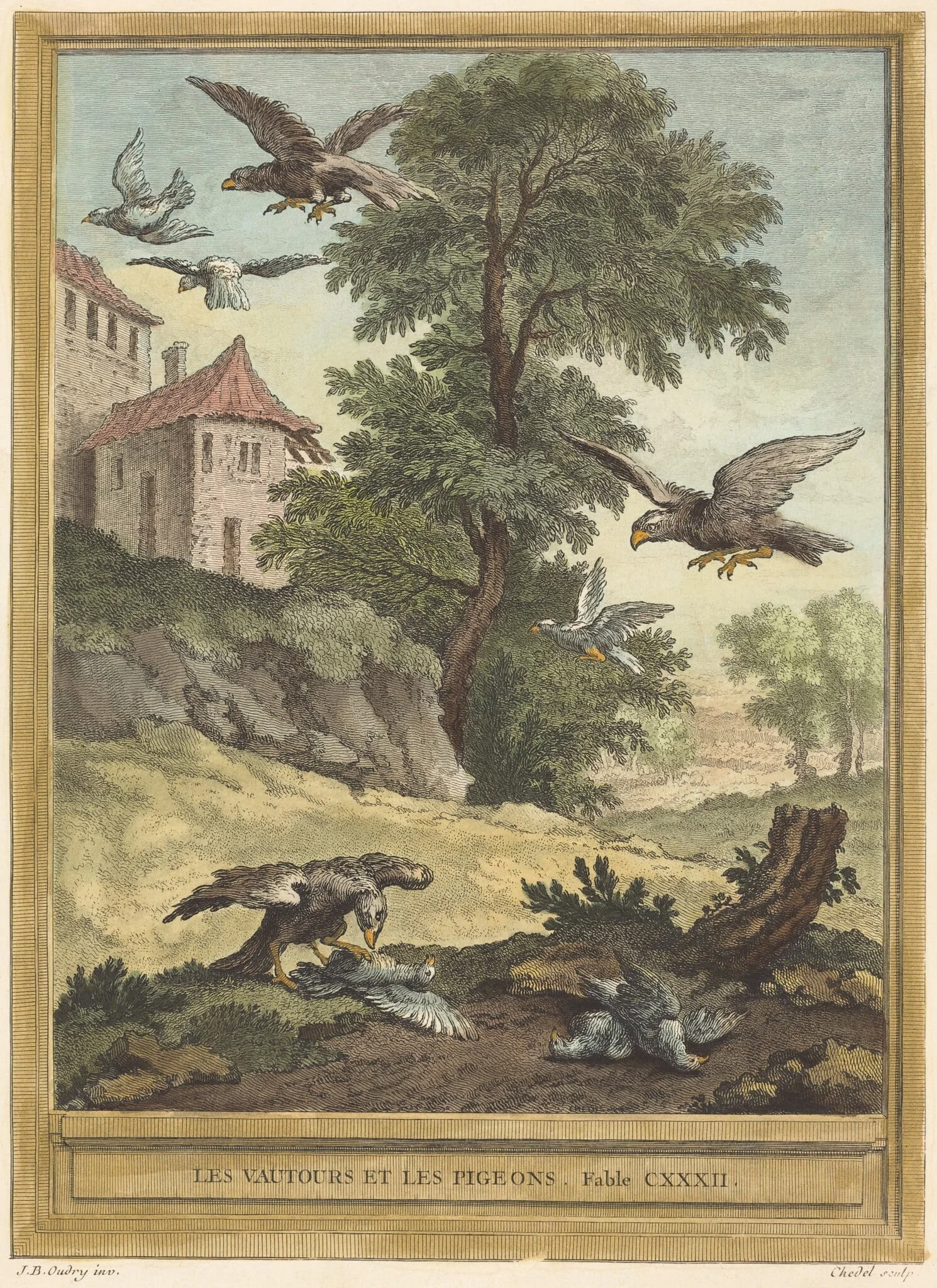 Les vautours et les pigeons (Vultures and Pigeons), by Quentin-Pierre Chedel, ink, 1756
