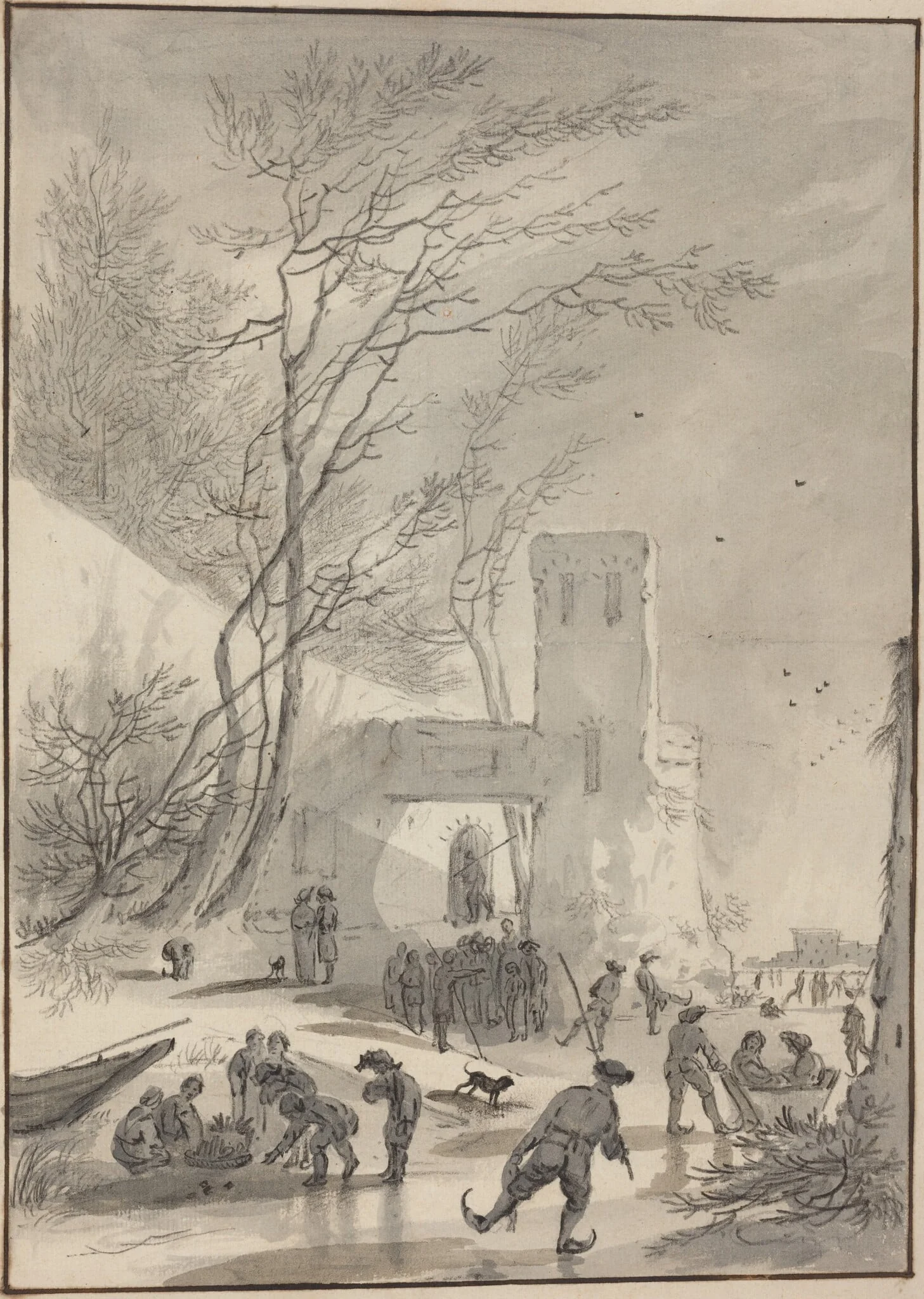 Skaters Outside a City Wall, by Hendrik van der Straaten, chalk, 1694