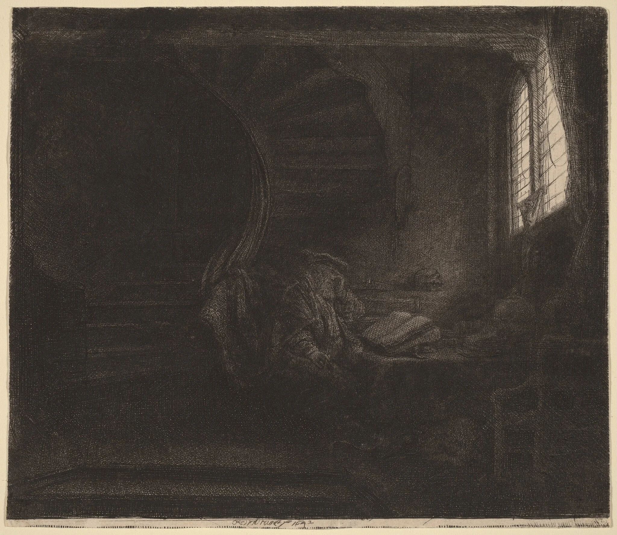 Saint Jerome in a Dark Chamber, by Rembrandt, ink, 1642
