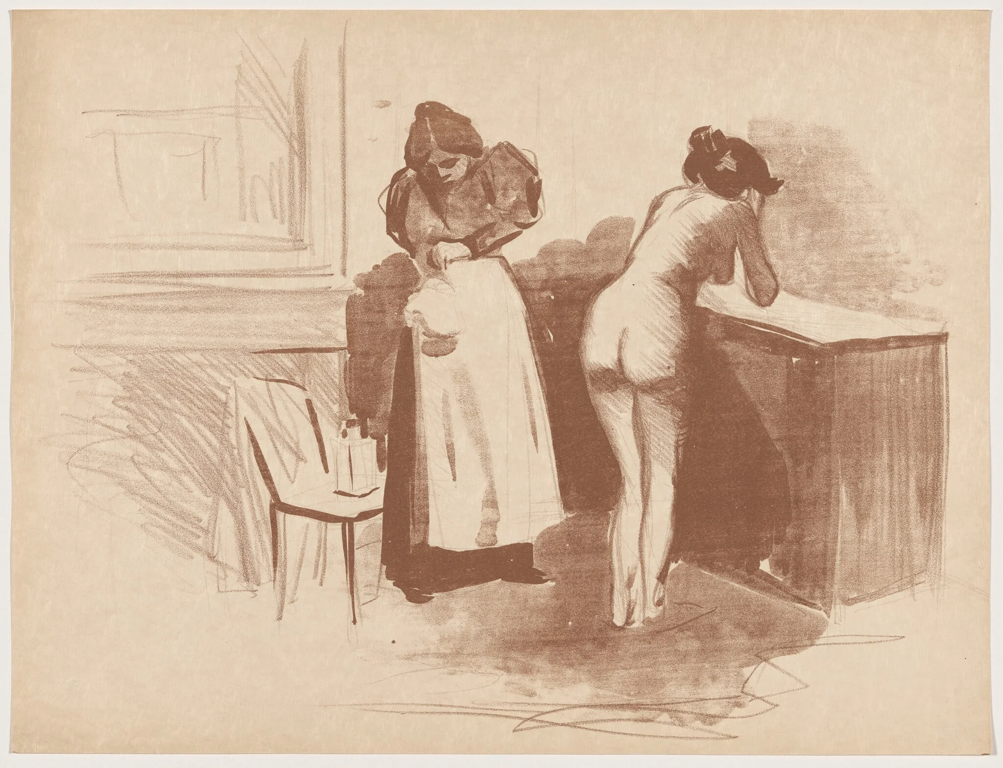 La friction au gant de crin (Massage with Coarse Hair Glove), by Jean-Louis Forain, ink, 1895