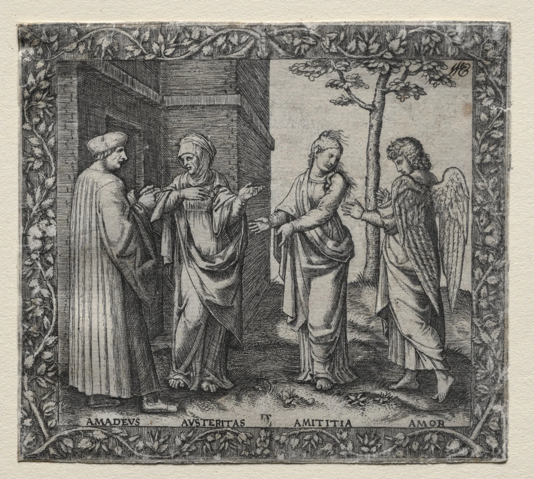 Illustration to Amadeo Berruti's Dialogue on Friendship, Rome, 1517, by Marcantonio Raimondi, 1517