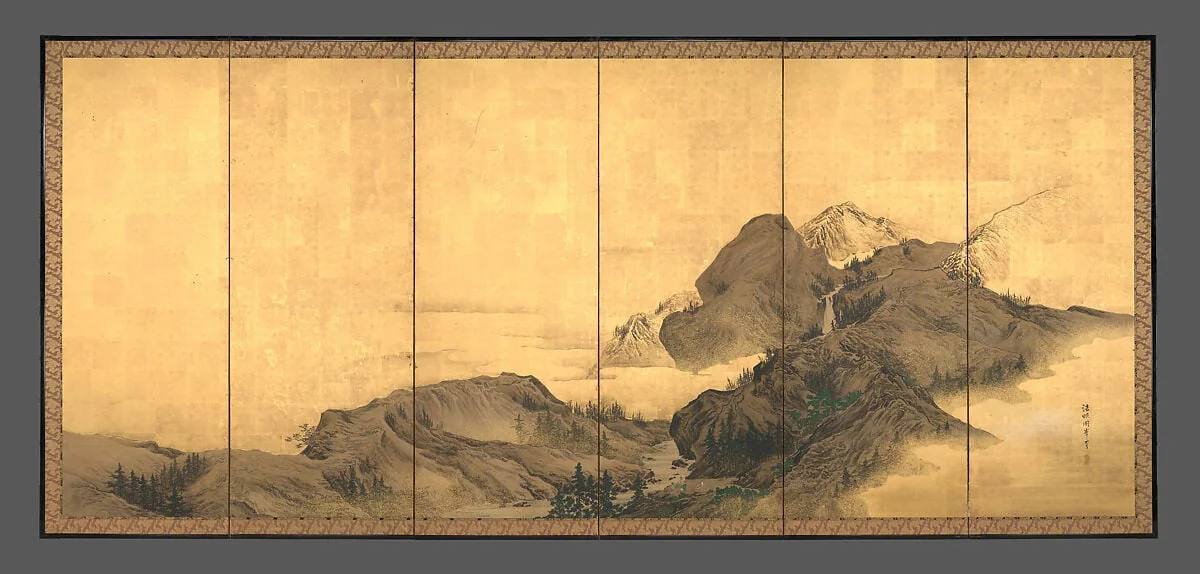 森周峰筆 楼閣山水図屏風|Landscape with Pavilion, by Mori Shūhō, ink, 1816