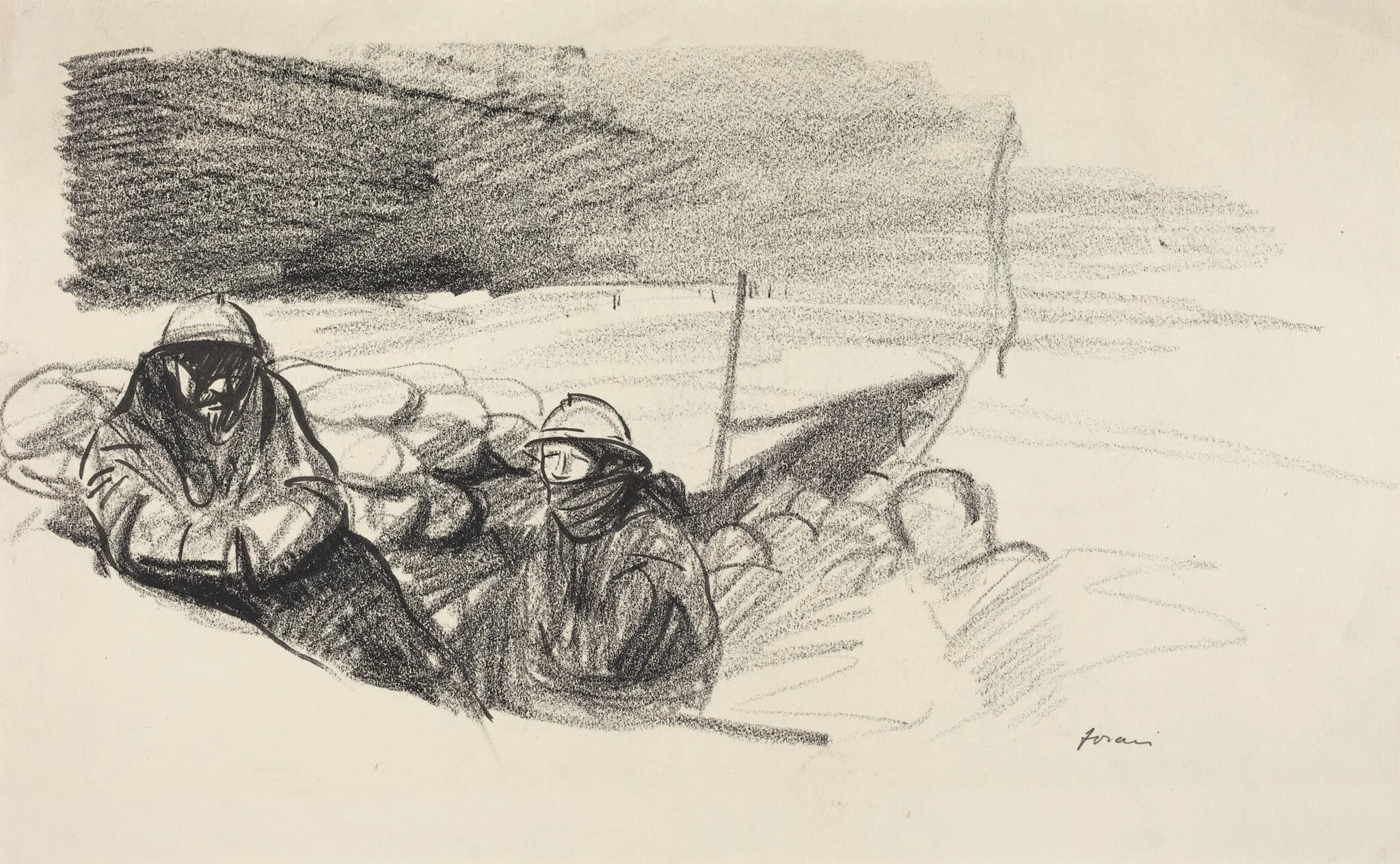 a) Two Soldiers in a Trench (recto); b) Interior with Figures Seated Behind Table (verso), by Jean-Louis Forain, ink, 1916