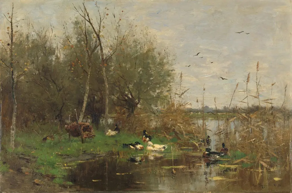 Ducks beside a duck shelter on a ditch
