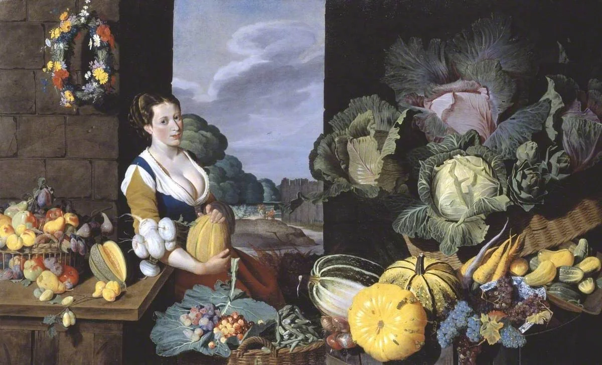 Cookmaid with Still Life of Vegetables and Fruit, by Nathaniel Bacon, oil, 1622